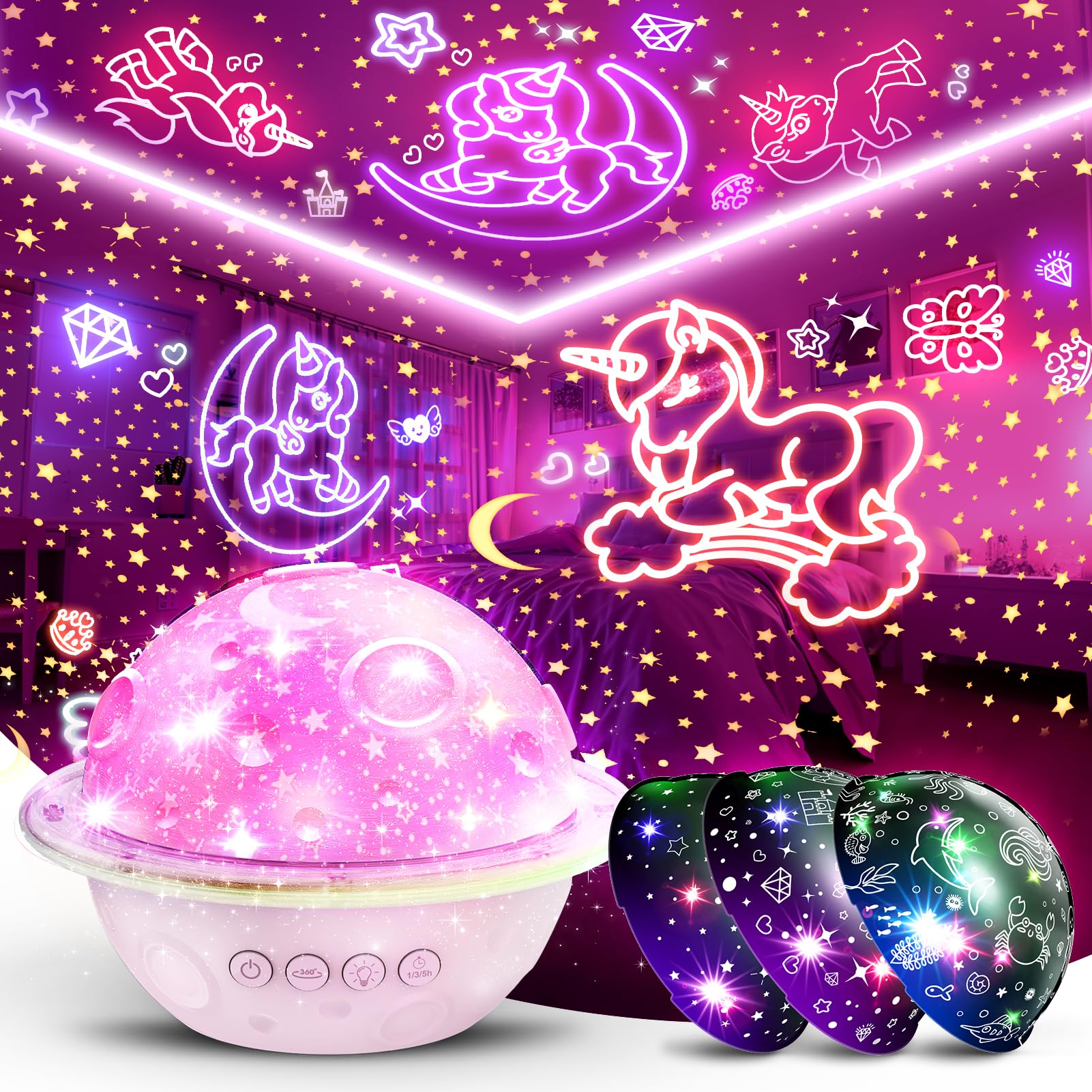 4-in-1 Unicorn & Ocean & Starry Sky Night Light Projector for Kids - Galaxy Projector Toy with Planets, Easter & Birthday Gift for Girls Ages 3-12 - Perfect for Bedroom Decor, Sleep Aid, and Relaxation