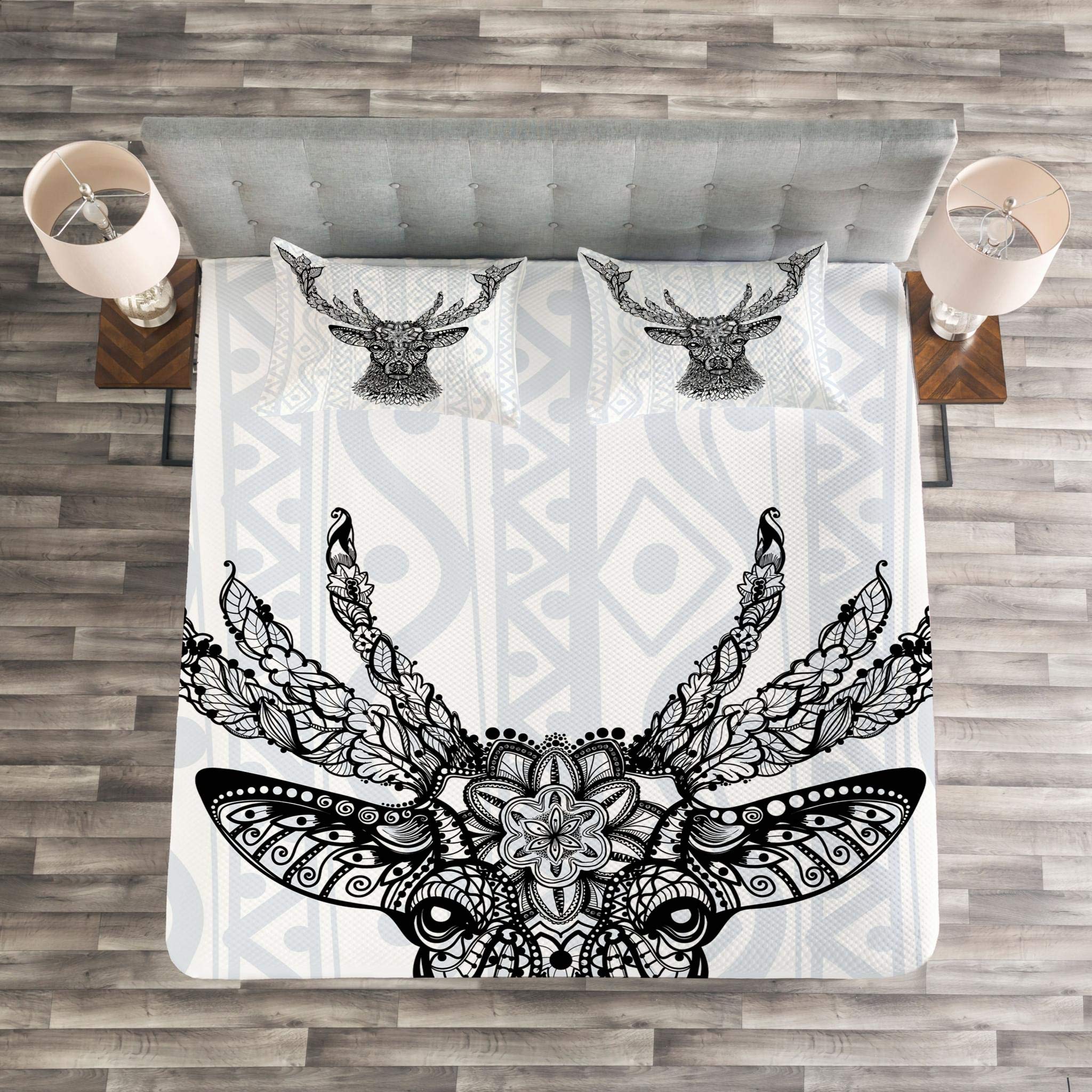 Ambesonne Deer Bedspread Set - 3 Piece Boho Bedding with Aboriginal Floral Polynesian Deer Pattern, King Size Black & White Coverlet & 2 Pillow Shams | Perfect for Bohemian Bedroom Decor, Guest Room Styling & Nature-Inspired Home Design
