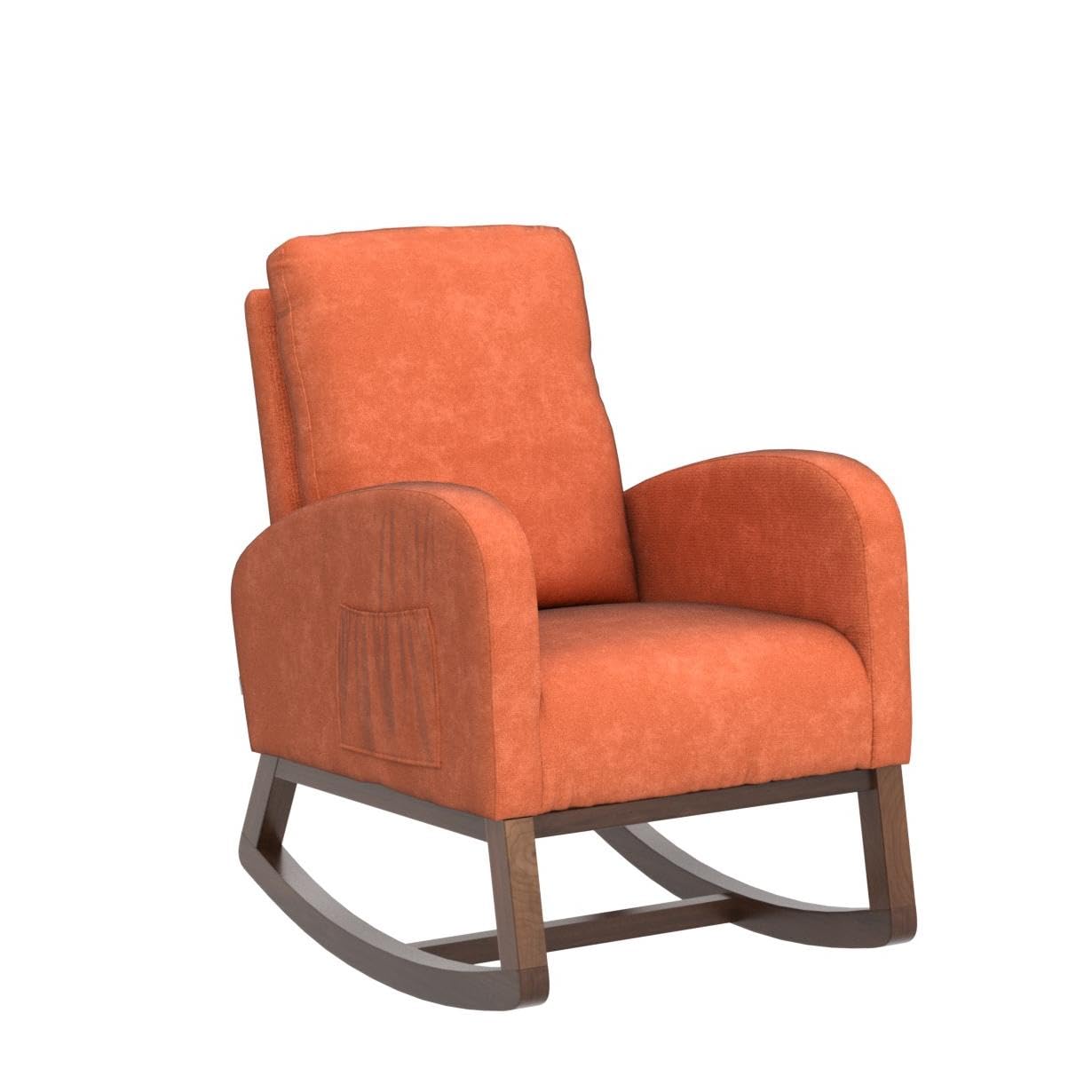 Antetek Modern Upholstered Rocking Chair - Nursery Glider Rocker for Baby & Kids, Comfortable High Back Armchair with Side Pocket - Perfect for Living Room, Nursery, or Bedroom (Orange)
