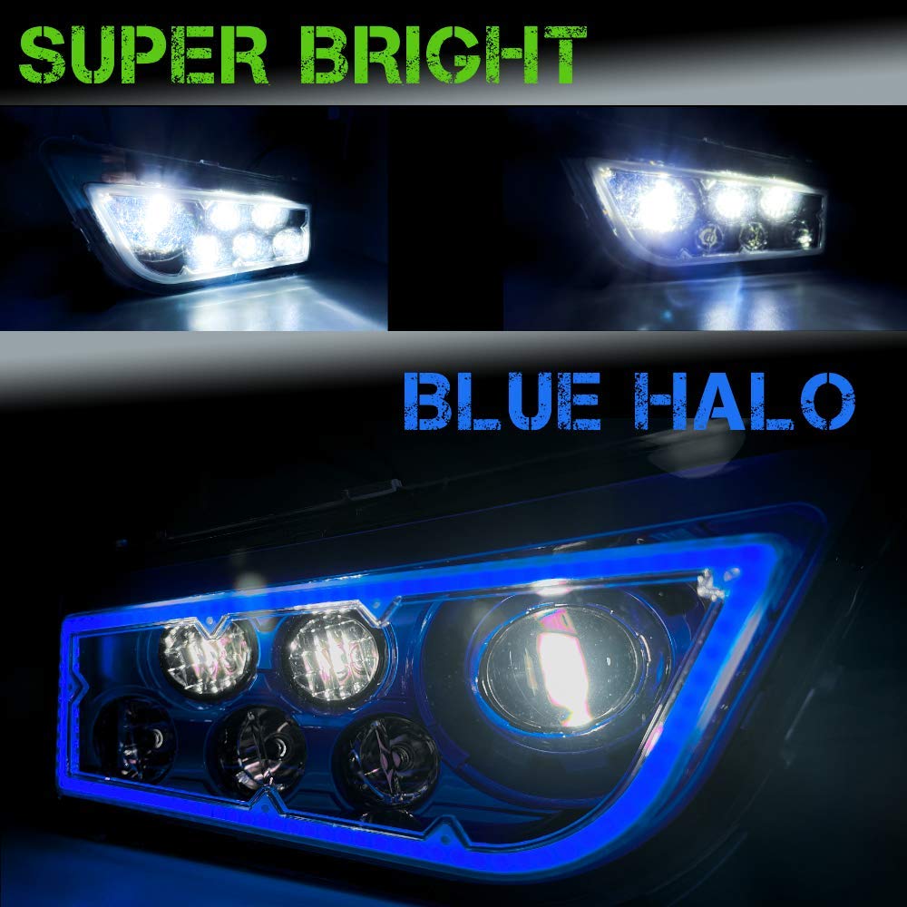 SLK-Lights Blue LED Headlight Kit for Polaris RZR 900/1000 XP Turbo & General (2015-2021) - Durable Off-Road Lighting with Blue Halo Ring - Perfect for Night Trail Riding & Off-Road Adventures