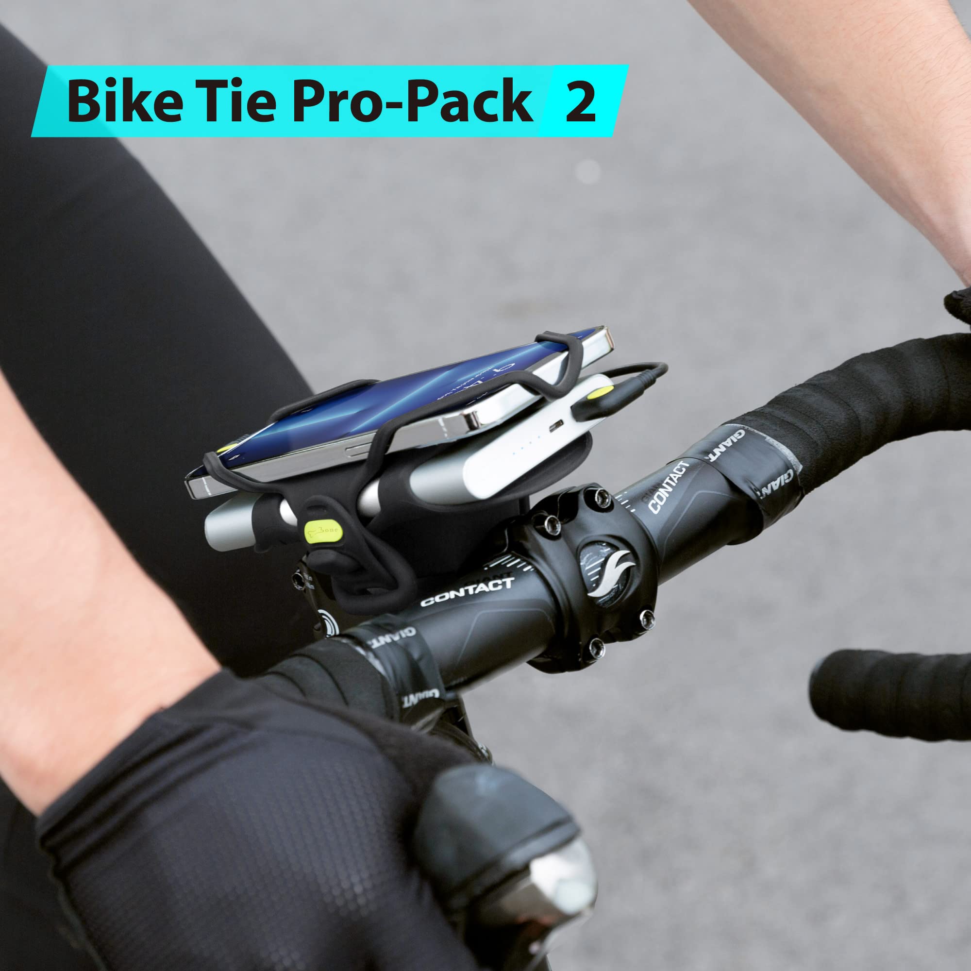 Bone Bike Tie Pro Pack 2 - Universal 2-in-1 Bike Phone Mount & Charger Holder for iPhone 13/12/11 Pro Max, Samsung S20/S21 - Fits 4.7