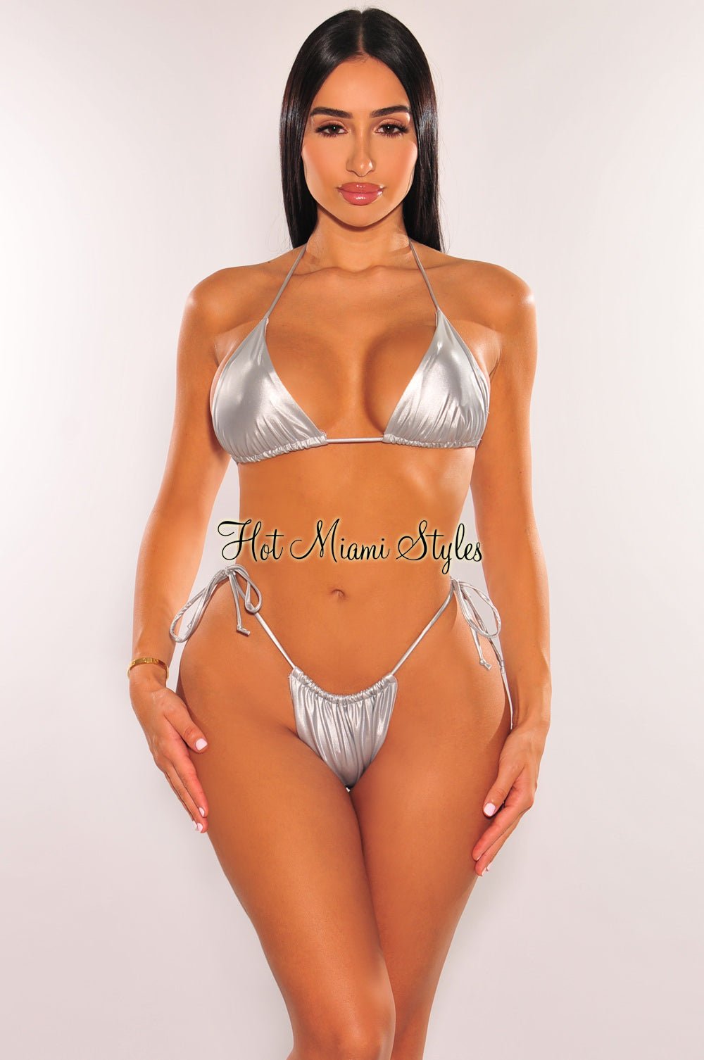 Sexy Silver Chrome Halter Tie-Up Bikini Top for Women - Perfect for Beach, Pool, and Summer Vacations