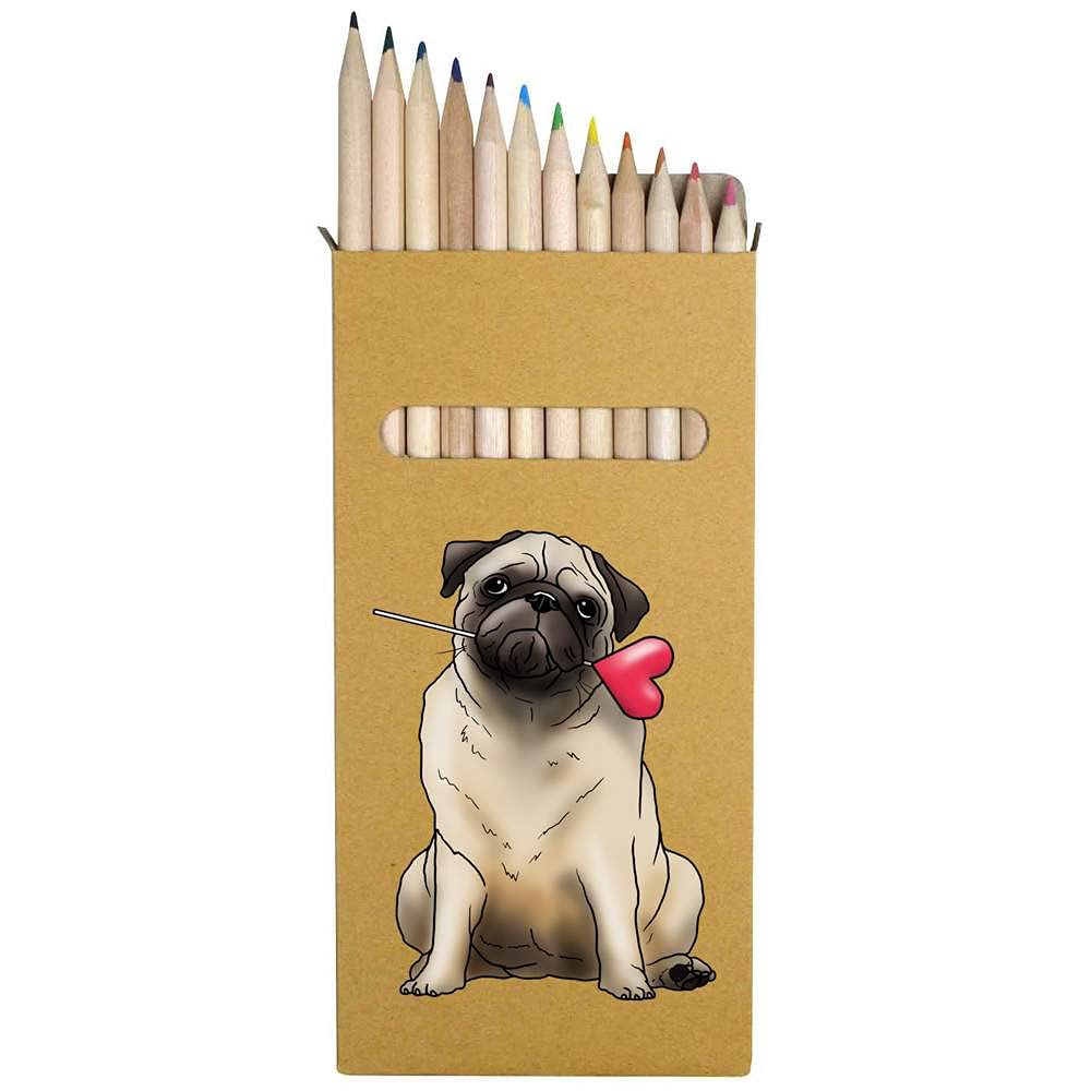 Azeeda 12-Piece 'Pug with Heart Lolly' Colored Pencils Set - 178mm Long Vibrant Art Supplies (PE00035894) | Perfect for Drawing, Sketching, Coloring Books & DIY Crafts
