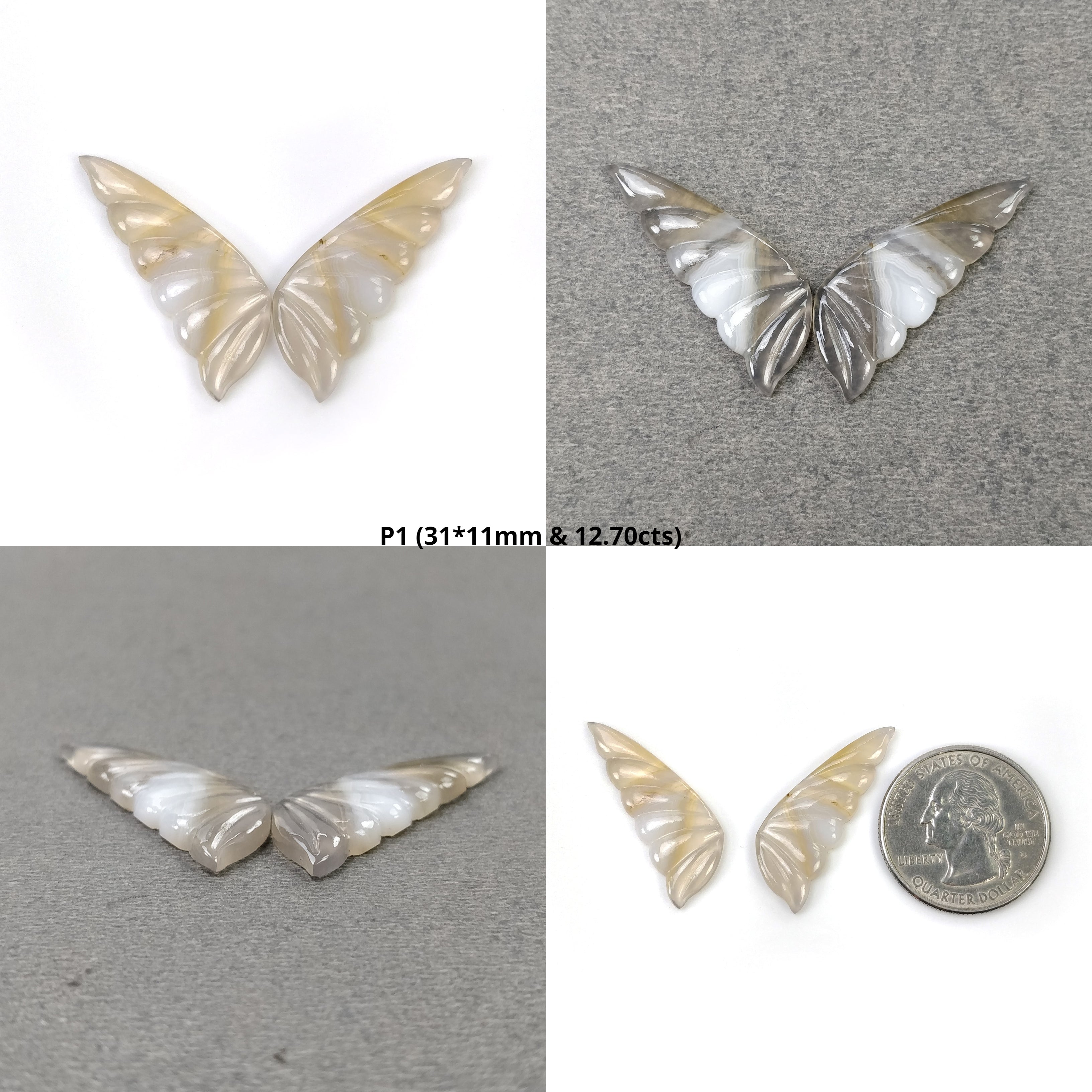 Natural Untreated Botswana Striped Agate Gemstone Carving - Hand Carved Bi-Color Agate Butterfly Pair (27x12mm & 31x11mm) | Unique Jewelry Making Supplies, Crystal Healing, Meditation & Gift Idea