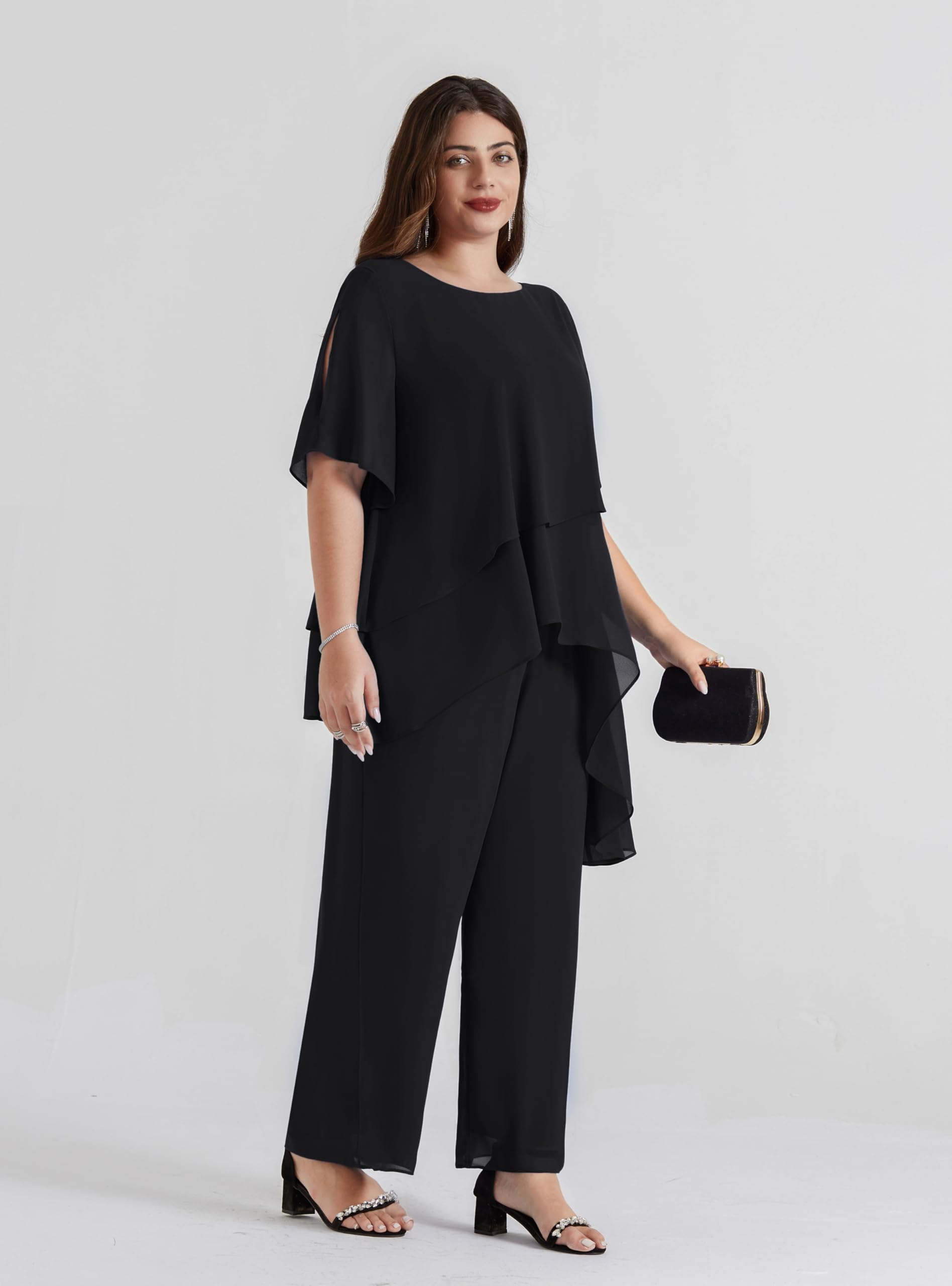 Hanna Nikole 2025 Plus Size Mother of The Bride Pant Suit 2-Piece Chiffon Set with Ruffle Asymmetric Layers - Elegant Wedding Guest Outfit for Formal Occasions, Rehearsal Dinners & Special Events