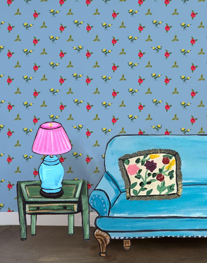 Grand Villa Garden Wallpaper by Carly Beck - Cornflower Blue Floral Peel and Stick Wallpaper for Bedroom, Living Room & Home Decor