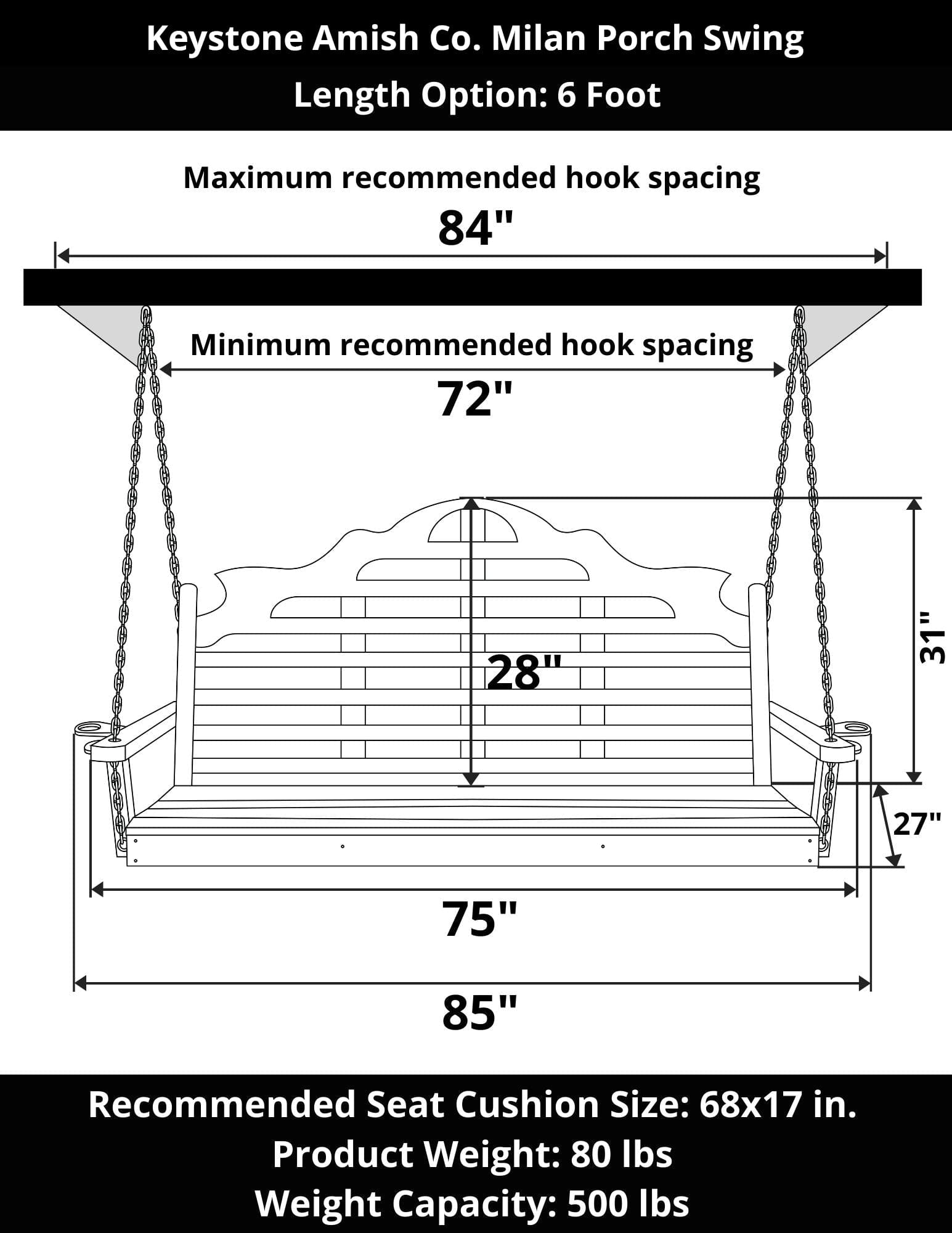 Keystone Amish Co. 6 Foot Milan Porch Swing - White Outdoor Hanging Bench for Garden, Patio, Backyard & Deck Relaxation