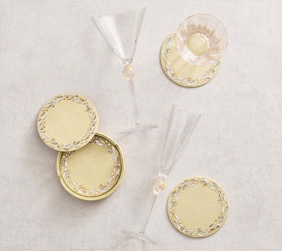 Luxury Gold & Crystal Bejeweled Coasters Set of 4 with Elegant Caddy - Perfect for Wine Glasses, Cocktail Parties & Home Decor