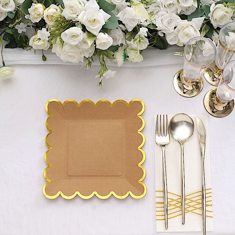 25 Square Natural Paper Salad Dinner Plates with Gold Scalloped Rim - Eco-Friendly Disposable Tableware for Parties, Weddings & Picnics