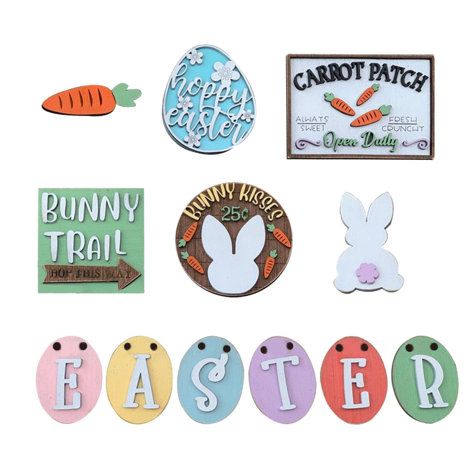 Easter Tiered Tray Decor Set - 12pcs Mini Wood Signs with Colored Eggs, Bunny & Carrot Designs - Rustic Farmhouse Spring Decor for Kitchen, Table, Shelf - Perfect for Easter Home Decorations & Seasonal Display