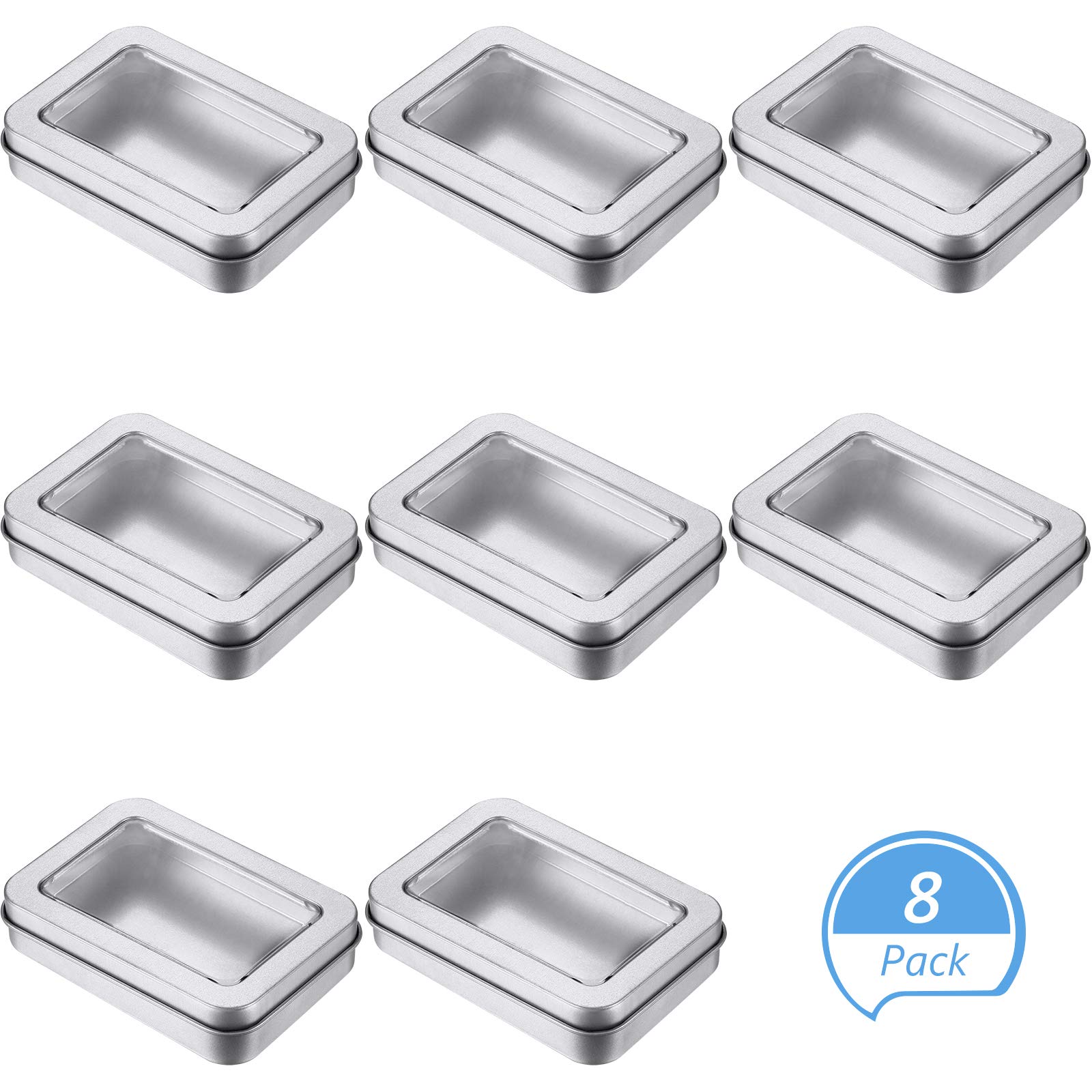 8-Piece Silver Metal Tin Boxes with Clear Top Lids - Empty Rectangle Storage Containers for Candles, Candies, Gifts, Balms & Treasures | Perfect for DIY Crafts, Wedding Favors, Party Decor & Home Organization