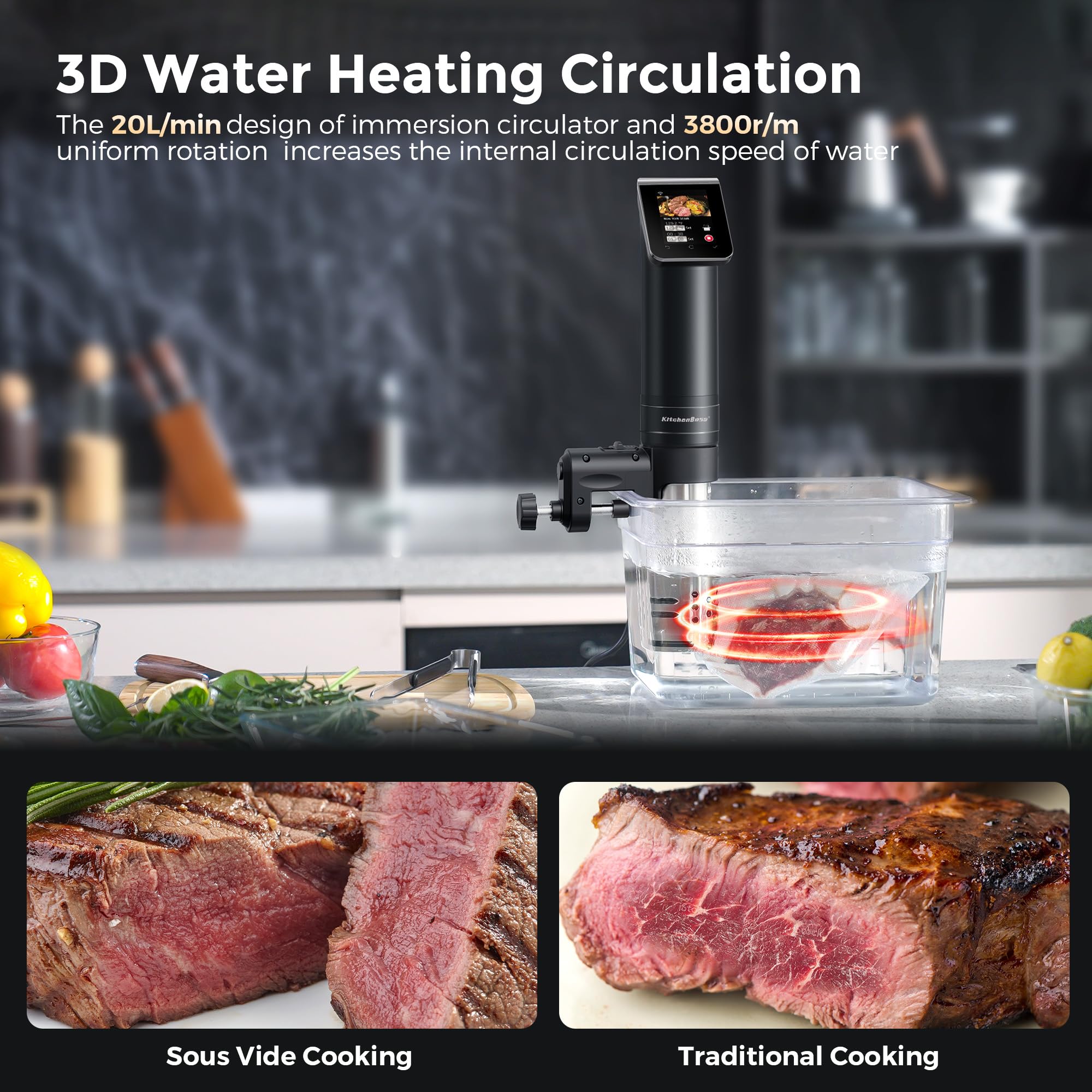 KitchenBoss WIFI Sous Vide Cooker - 1100W Ultra-Quiet Immersion Circulator with TFT Preset Recipes | Stainless Steel Precision Cooker for Steak, Chicken, Fish | Perfect for Home Chefs & Restaurant-Quality Meals