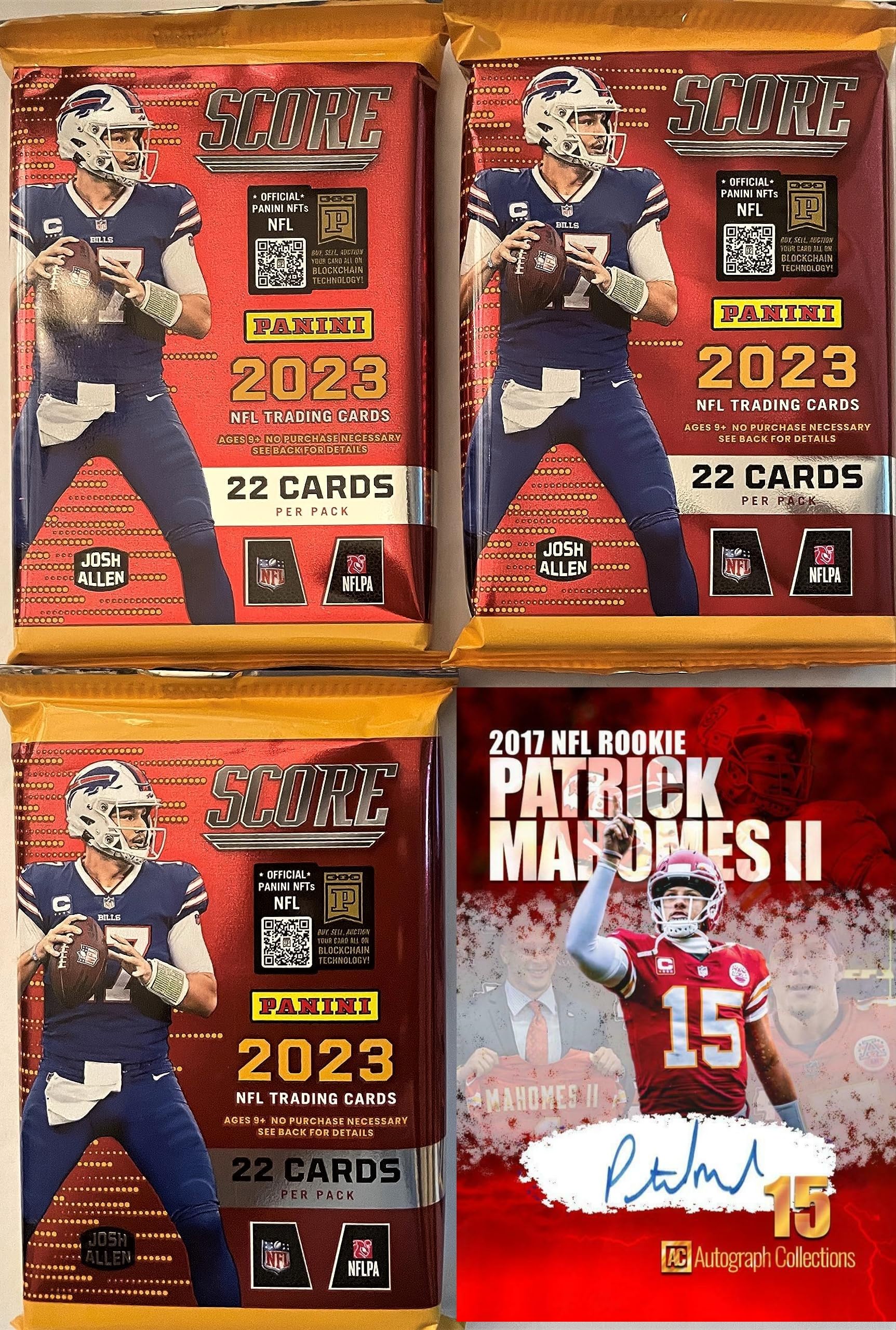 2023 Panini SCORE Football Cards - 3 Factory Sealed Packs (22 Cards Each) - Total 66 Cards + Bonus Patrick Mahomes Collectible - Perfect for NFL Fans, Trading & Collecting