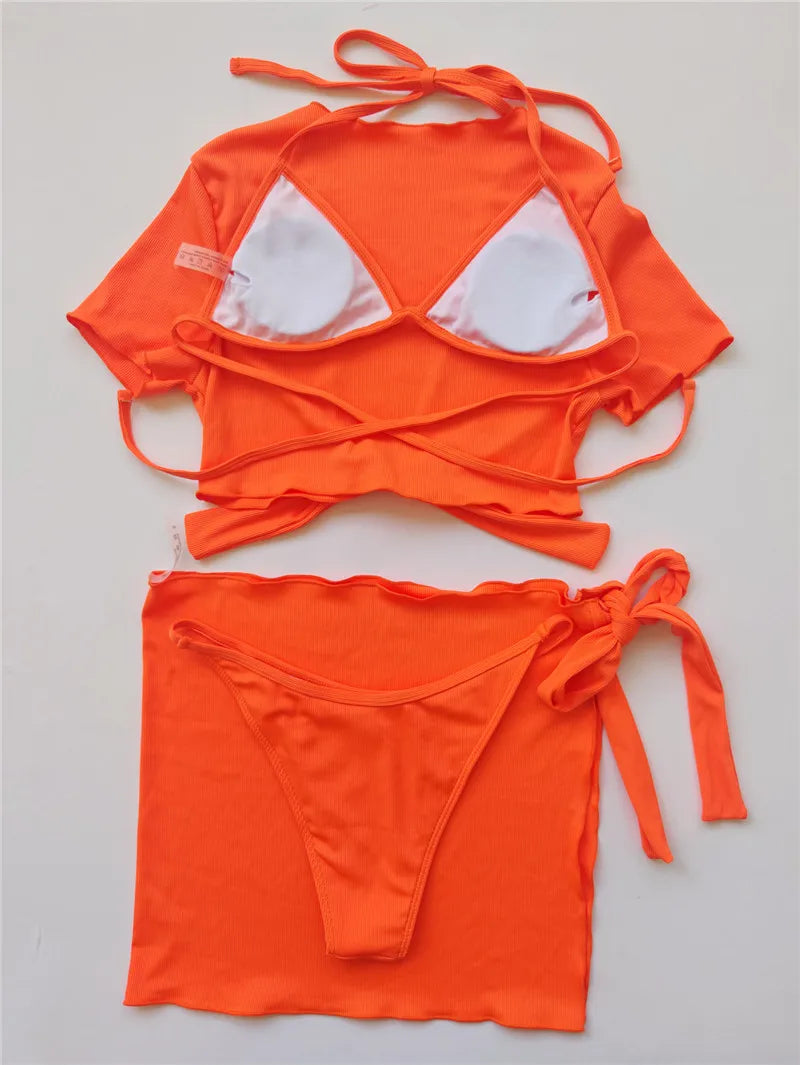 4-Piece High Waist Bandage Bikini Set with Skirt - Women's Sexy Swimwear Summer 2024, Short Sleeve Tie-Front Biquini for Beach, Pool & Vacation