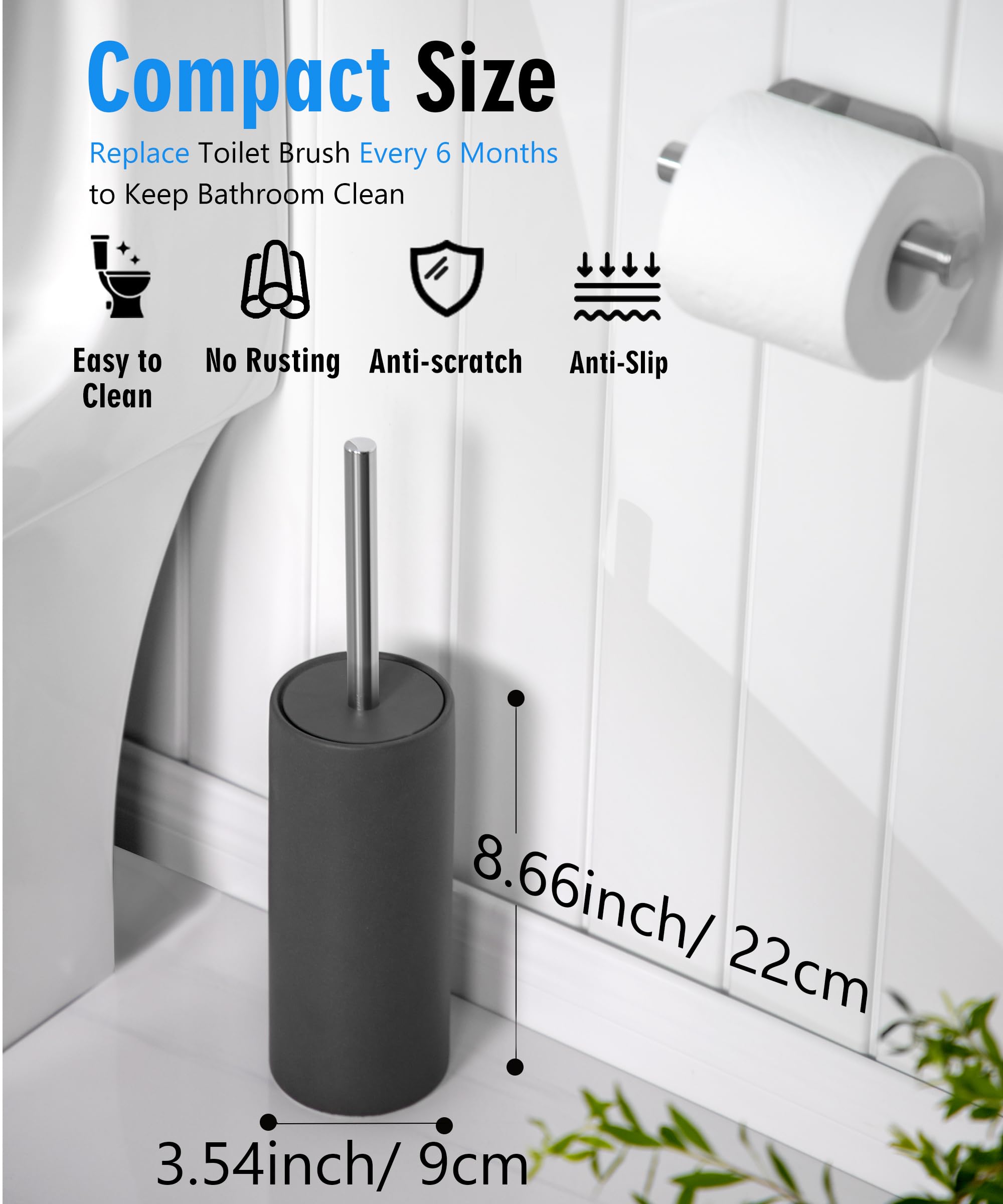 Gray Ceramic Toilet Brush Set with Holder - Stainless Steel Handle for Deep Cleaning - Bathroom Essentials