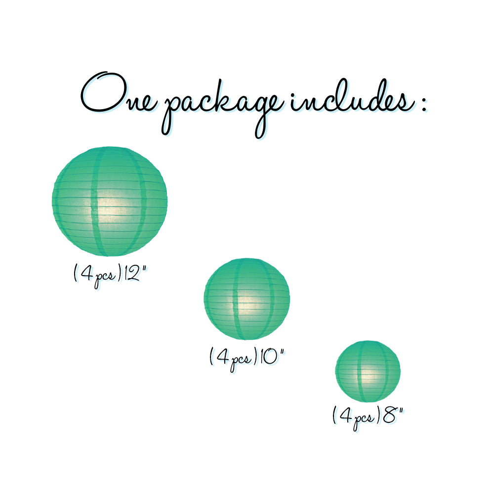 12 Pack Teal Green Paper Lanterns - Chinese Hanging Wedding & Party Decorations Set (12/10/8 Inch) - Perfect for Birthday, Baby Shower, Festival and Home Decoration