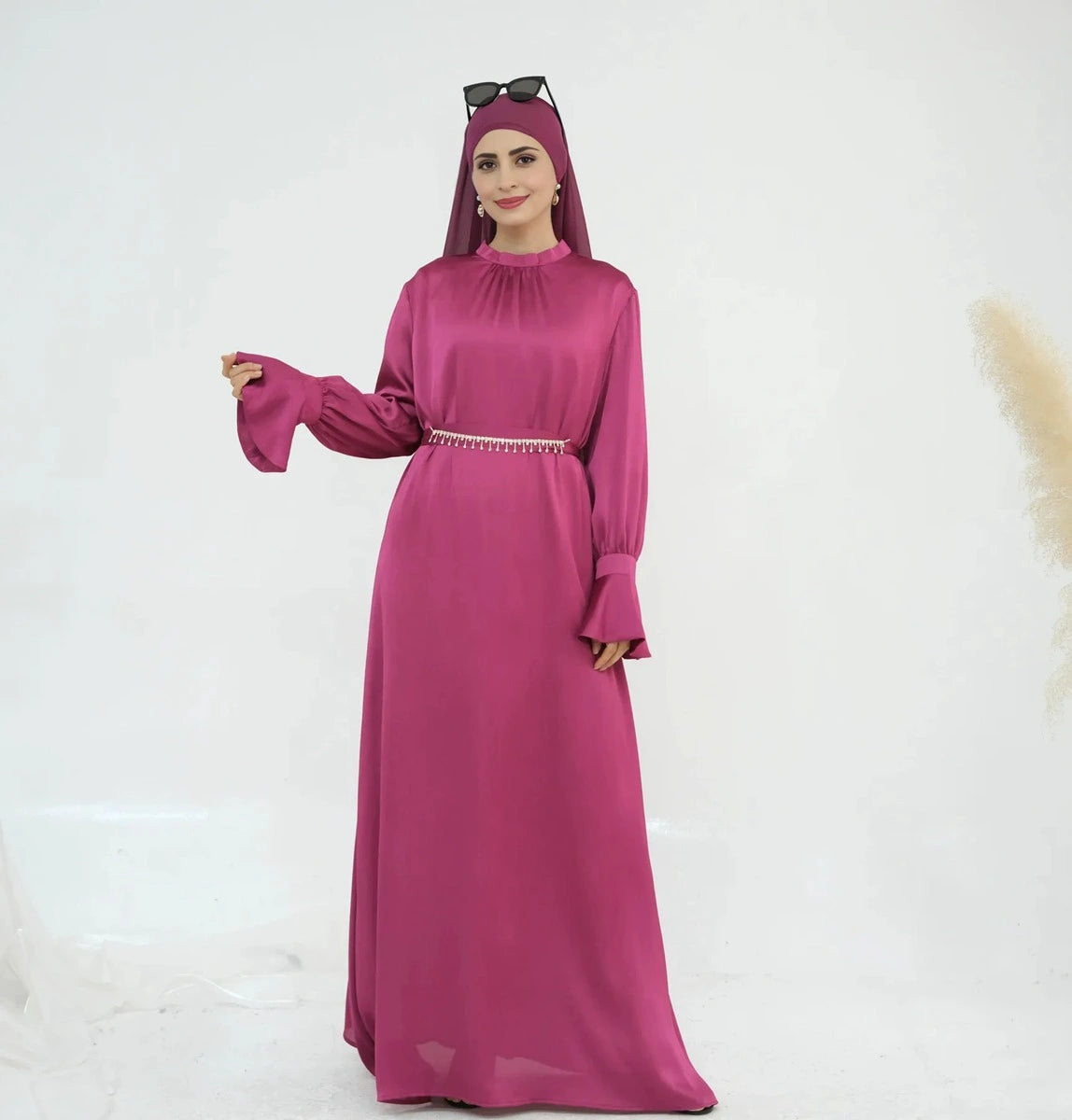 Elegant Satin Abaya Dress with Diamond Chain Belt - Modest Islamic Fashion for Women | Perfect for Prayer, Eid, Wedding & Special Occasions