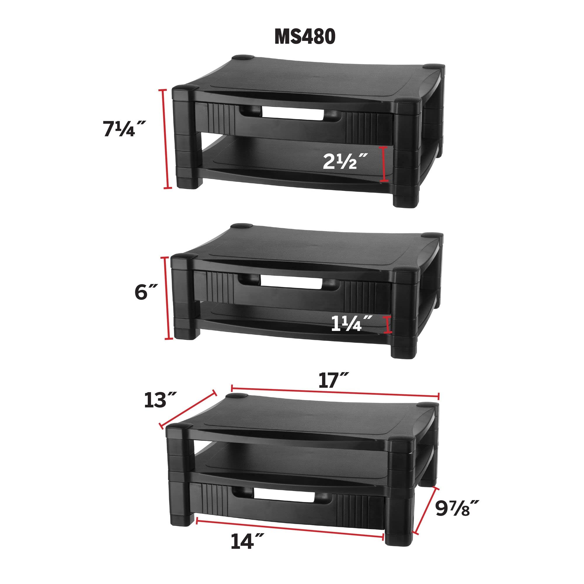 Kantek 2-Tier Adjustable Monitor Stand with Storage Drawer & Cable Management - 17x13.25 Inches, Black - Perfect for Home Office & Workspace Organization