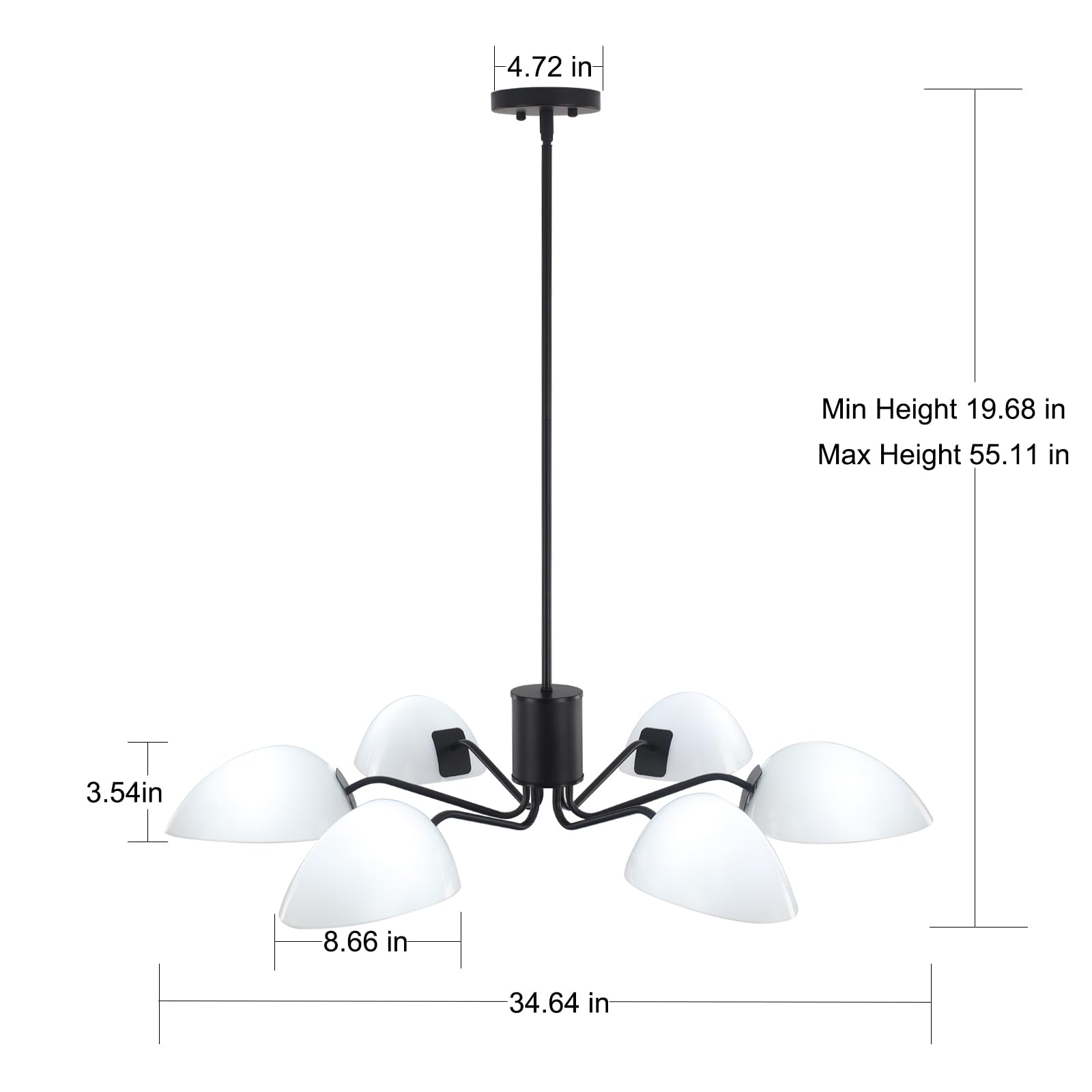 Modern Black Chandelier Ceiling Light with Milk Glass Shades - 34.64 Inch Industrial 6-Light Pendant Fixture for Dining Room, Kitchen, Hallway, Foyer & Entryway | Elegant Lighting for Home Decor, Restaurants and Office Spaces