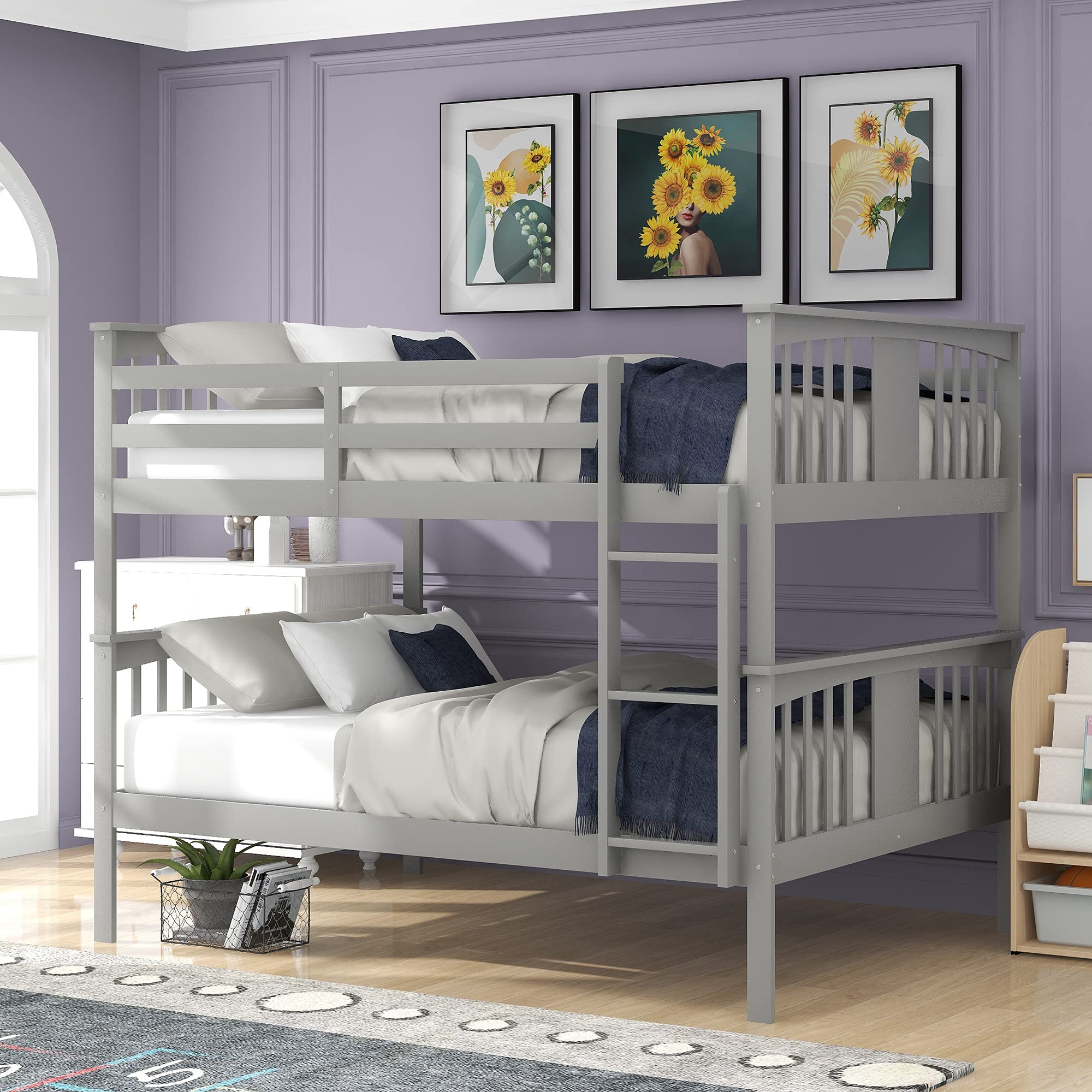 Solid Wood Full Over Full Bunk Bed Frame with Guard Rails & Ladder - Convertible to 2 Twin Beds for Kids, Teens & Adults - No Box Spring Needed - Space-Saving Grey Bunk Bed for Bedrooms, Dorms & Guest Rooms