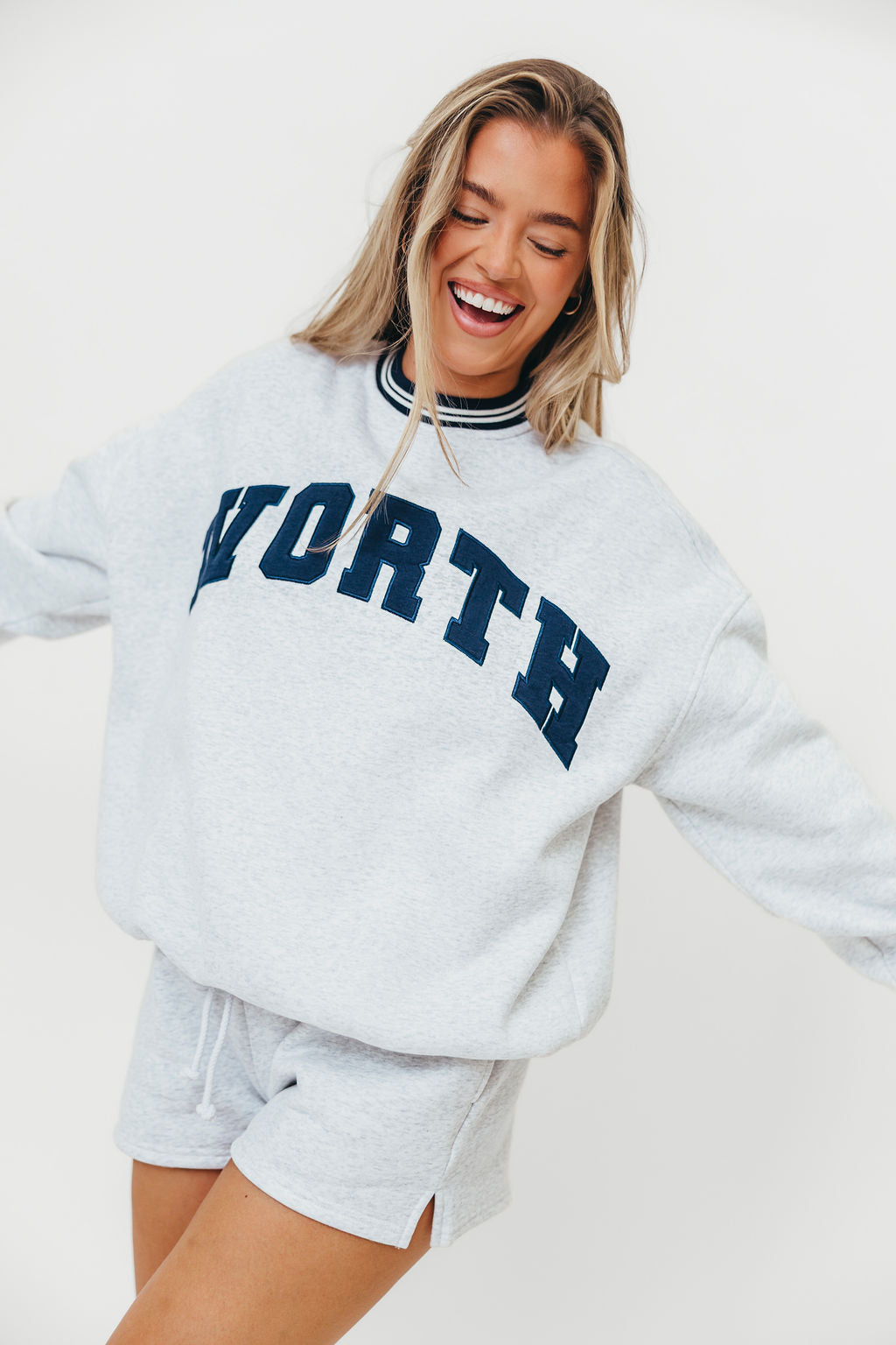 WORTH Preppy Embroidered Crewneck Sweatshirt for Women - Pearl Grey | Casual Pullover for College, Streetwear & Fall Fashion