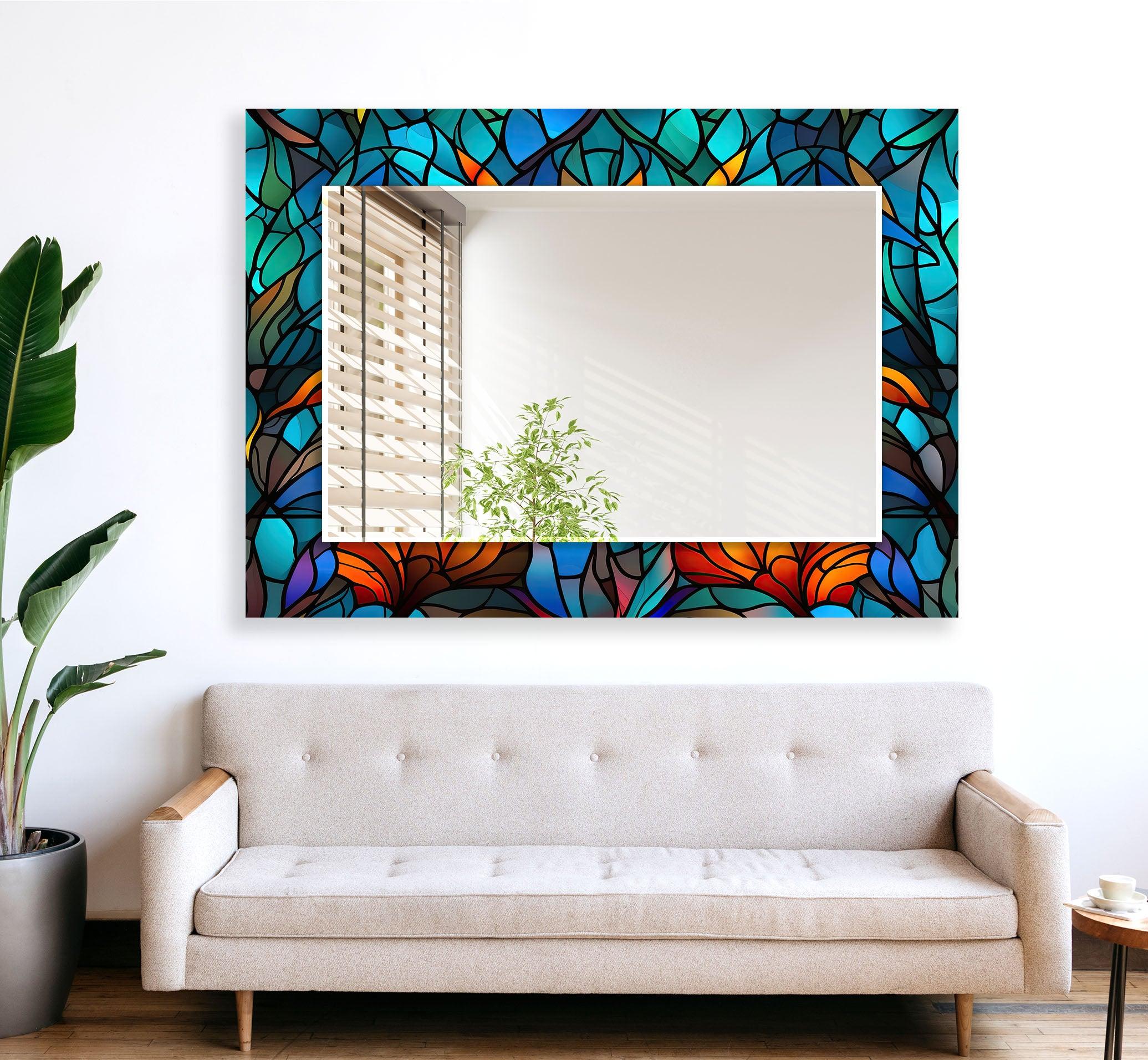 Blue Orange Leaf Wall Mirrors - Decorative Round Mirror for Living Room, Bedroom, Bathroom - Boho Home Decor Accent Piece