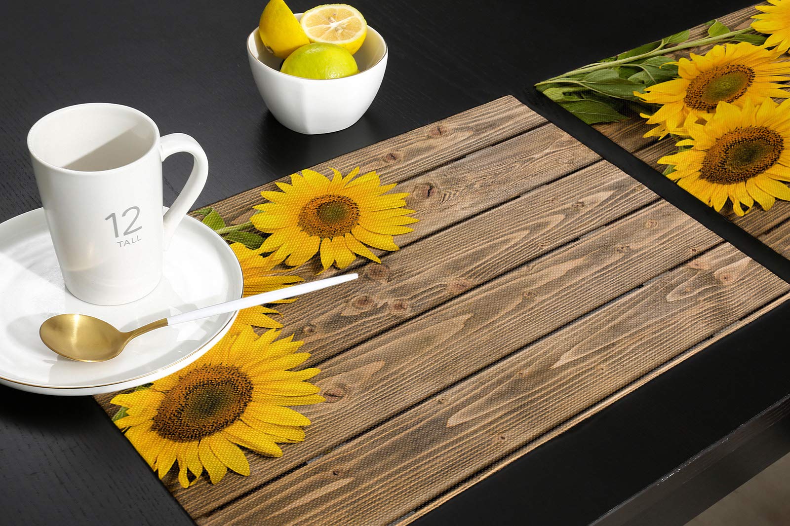 4-Pack Heat-Resistant Sunflower Placemats for Dining Table - 12x18 Inch Linen Table Mats with Wooden Plank Summer Garden Design - Perfect for Home Decor, Kitchen, Picnics & Outdoor Dining