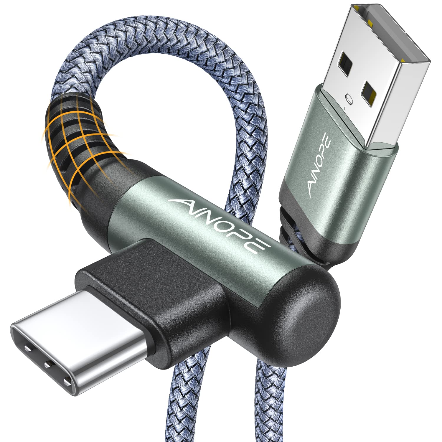 AINOPE 6.6FT USB to USB C Fast Charging Cable - 3.1A High Speed, Right Angle Type C Charger with Nylon Braided Design - Compatible with Samsung Galaxy S10/S9/S21, LG V30/V20/G6 - Perfect for Home, Office & Travel Charging Needs