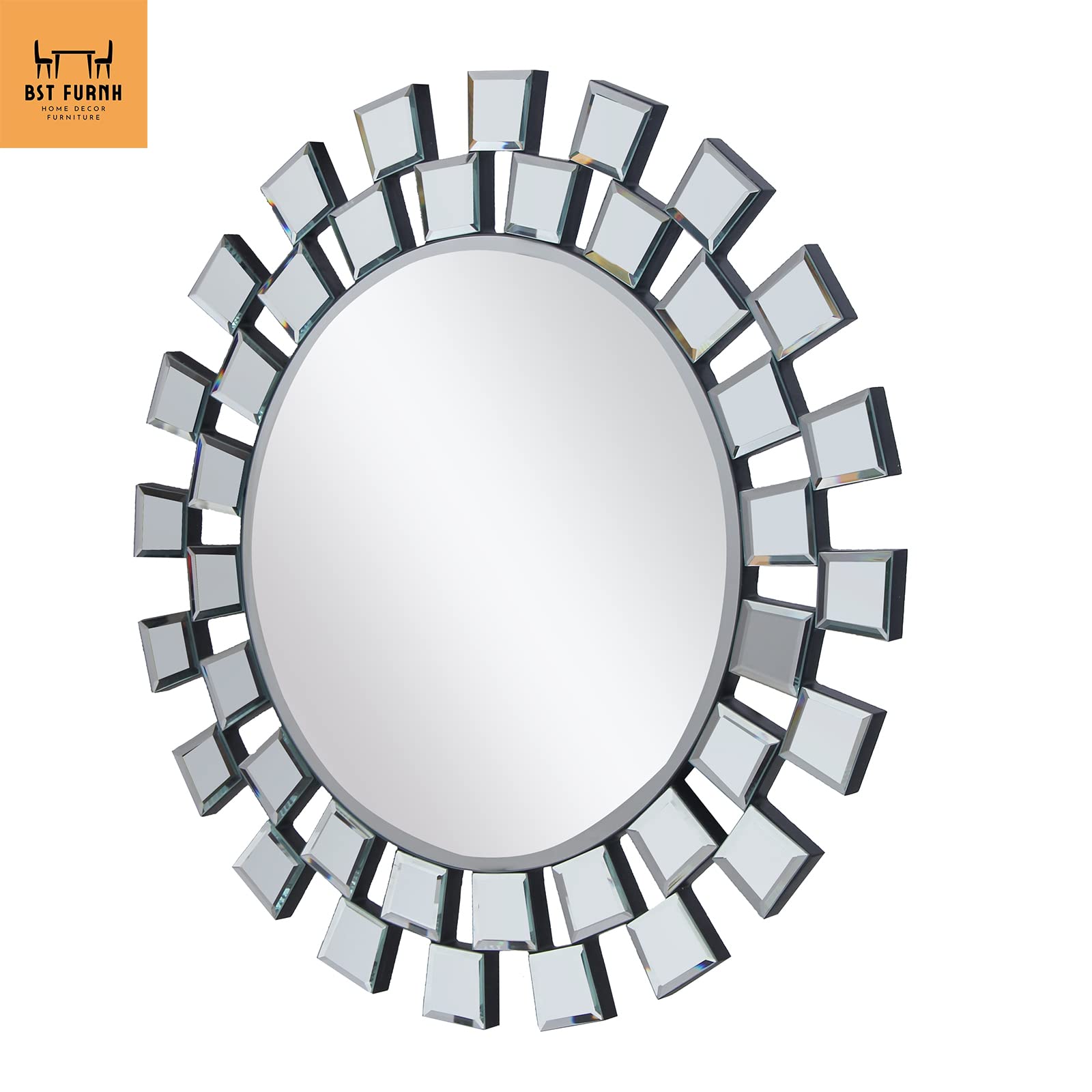 BST FURNH 24 Inch Sunburst Mirror - Round Frameless Wall Decor for Living Room, Bedroom & Bathroom | Elegant Sun Mirror for Home & Office Decoration