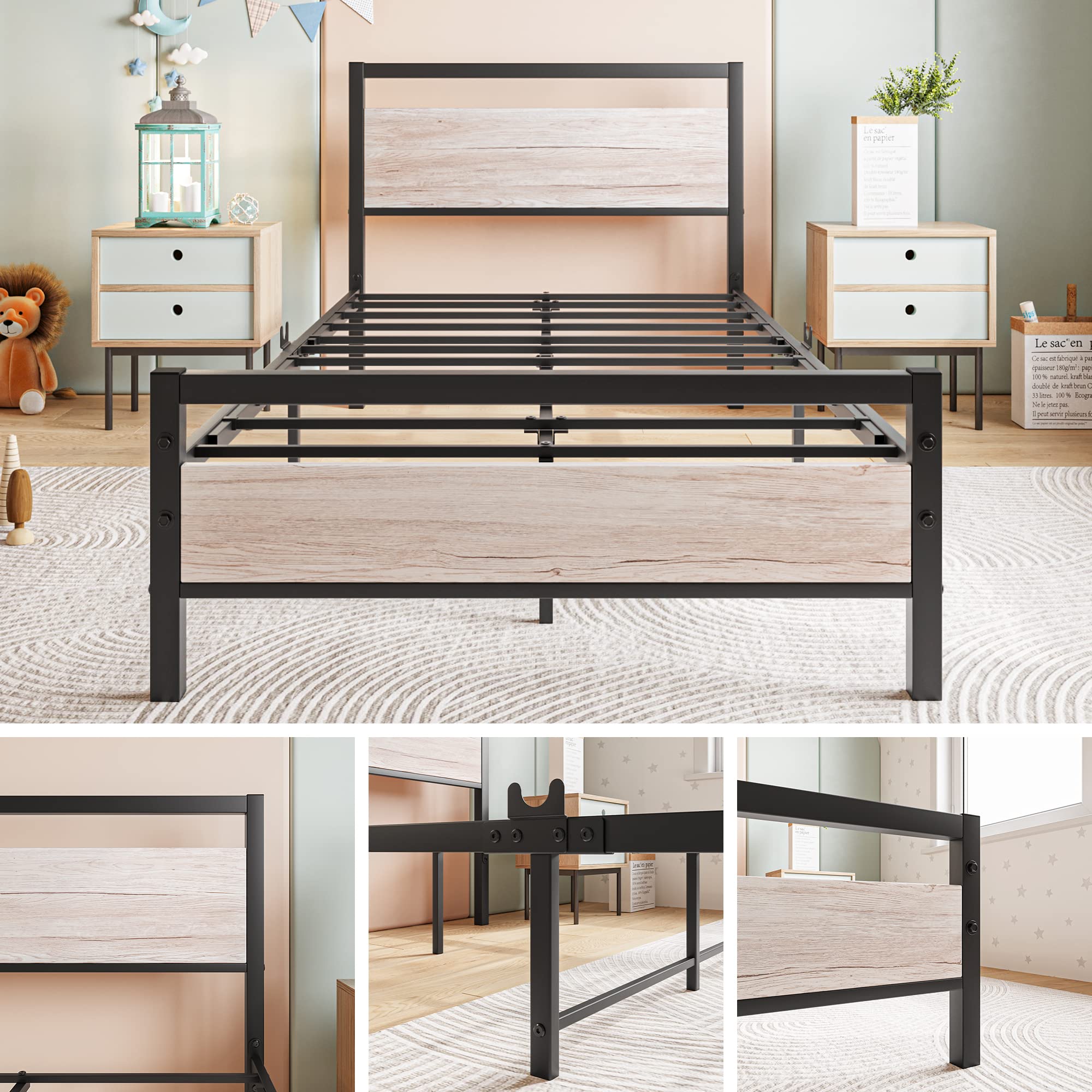 BOFENG Twin Bed Frame with Wood Headboard - Heavy Duty Metal Platform Bed with Steel Slat Support, No Box Spring Needed - Farmhouse Style Bed Frame in Natural Oak - Perfect for Guest Rooms, Dormitories & Small Spaces