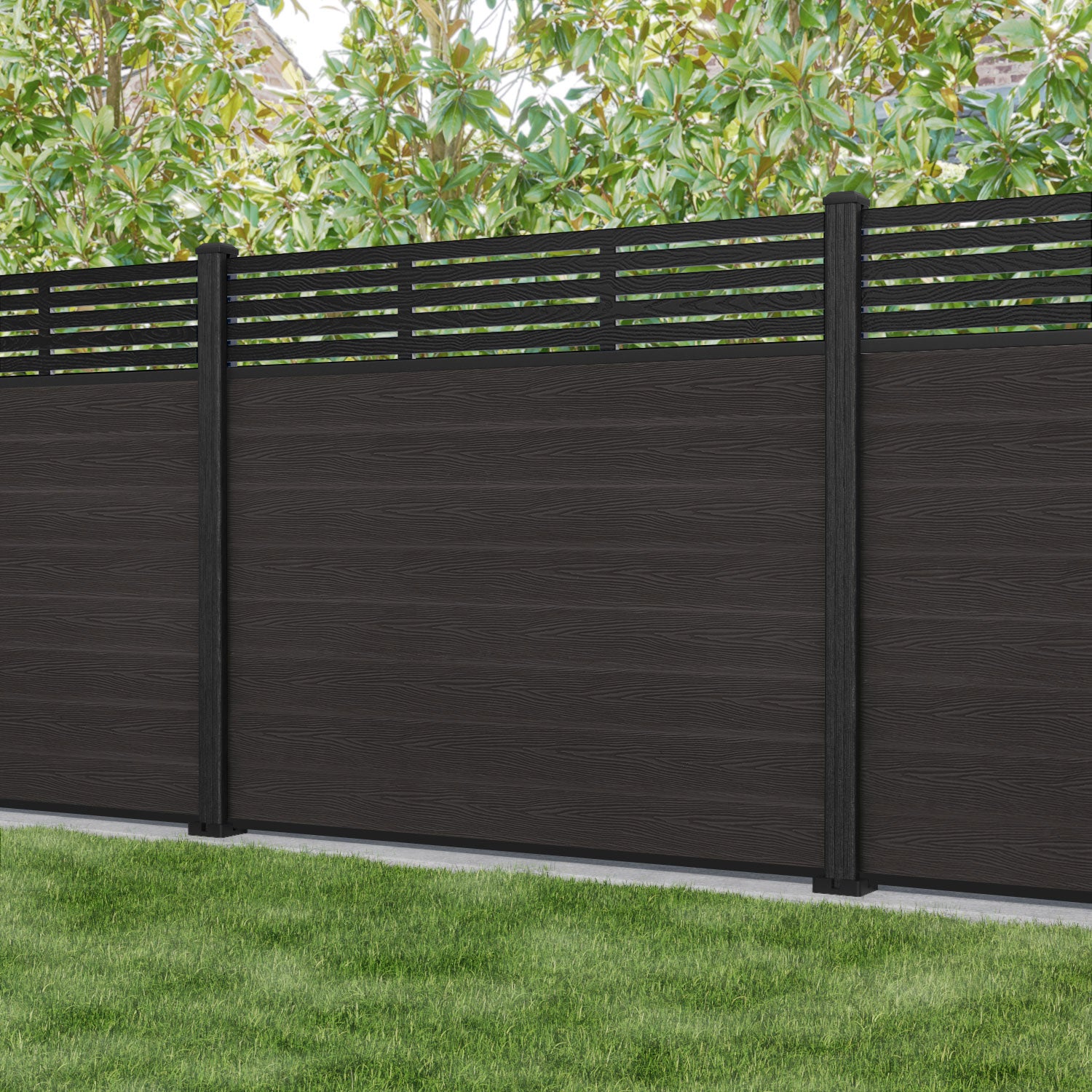 Classic Aspen Fence Panel - Dark Oak Composite Wood Fencing with Durable Posts | Outdoor Privacy Fence for Backyard, Garden & Patio