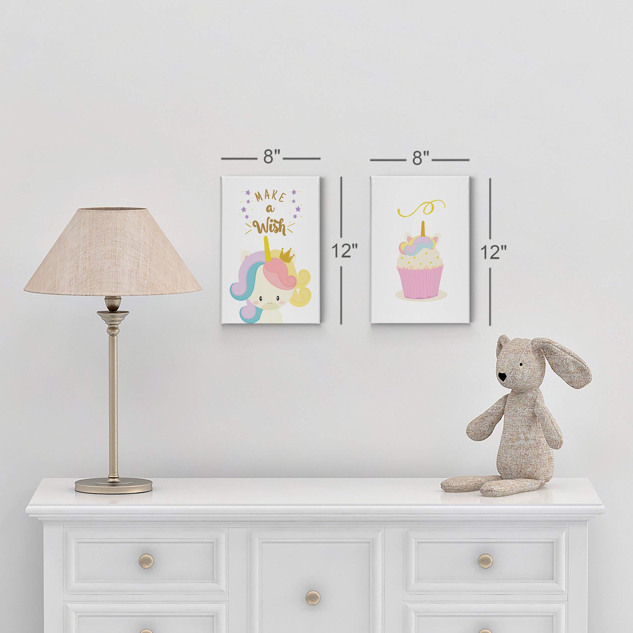 Smile Art Design Cupcake & Unicorn Wall Art Canvas Print Set - 2 Panels (40x30 inches) | Inspirational Make a Wish Quote | Perfect for Kids Room, Nursery & Baby Room Decor | Made in USA | Great for Birthday Gifts, Baby Showers & Unicorn Themed Parties