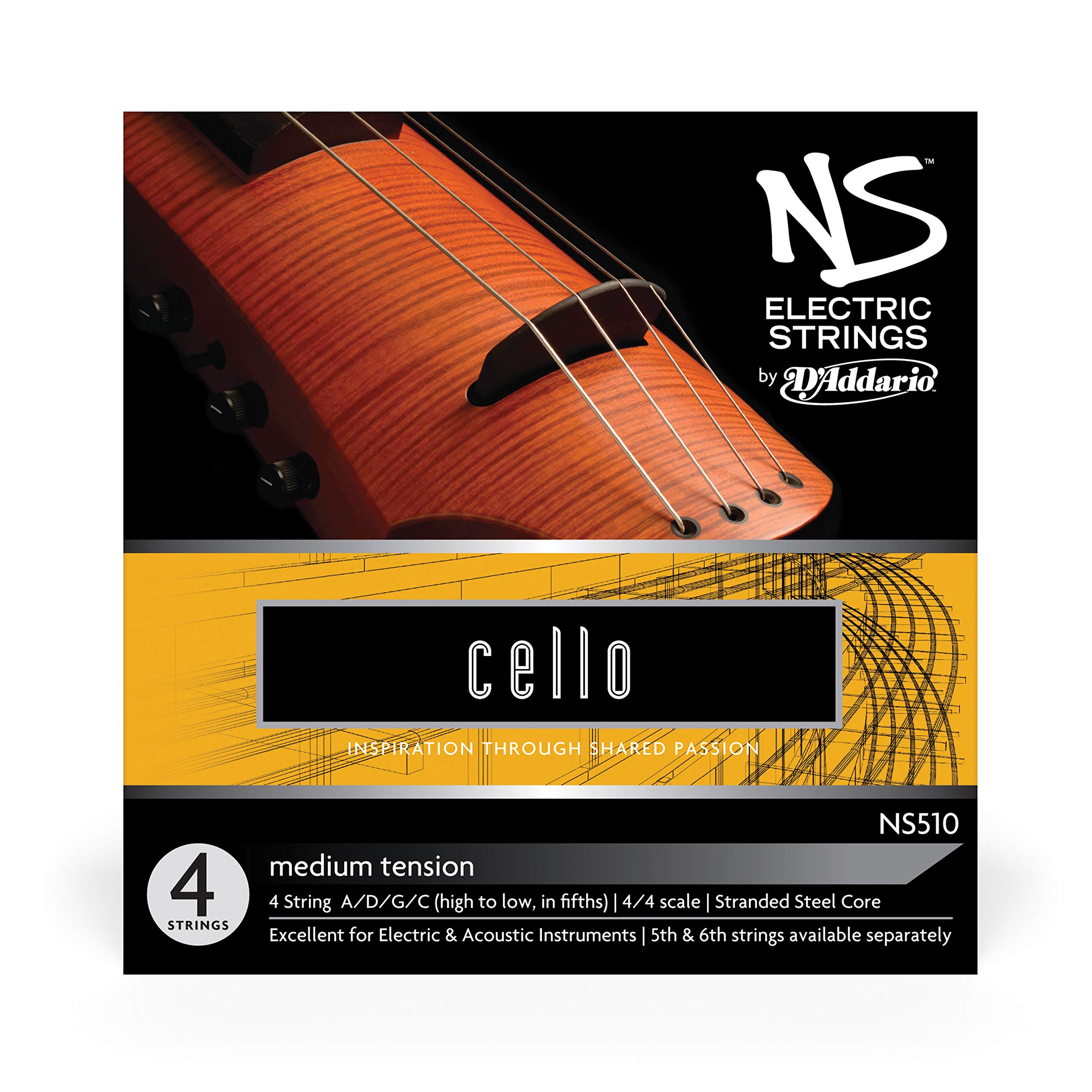 D'Addario NS Electric Cello Strings Set - 4/4 Size Medium Tension for Professional Electric Cello Players | Perfect for Live Performances & Studio Recording