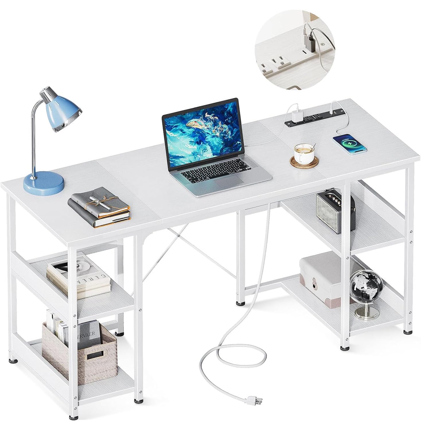 AODK 48 Inch Small Computer Desk with Power Outlets & USB Charging Port, Home Office Desk with Storage Shelves, Space-Saving Student Laptop Desk for Small Spaces - Perfect for Home Office, Study Room, Dorm & Kids Bedroom (White)
