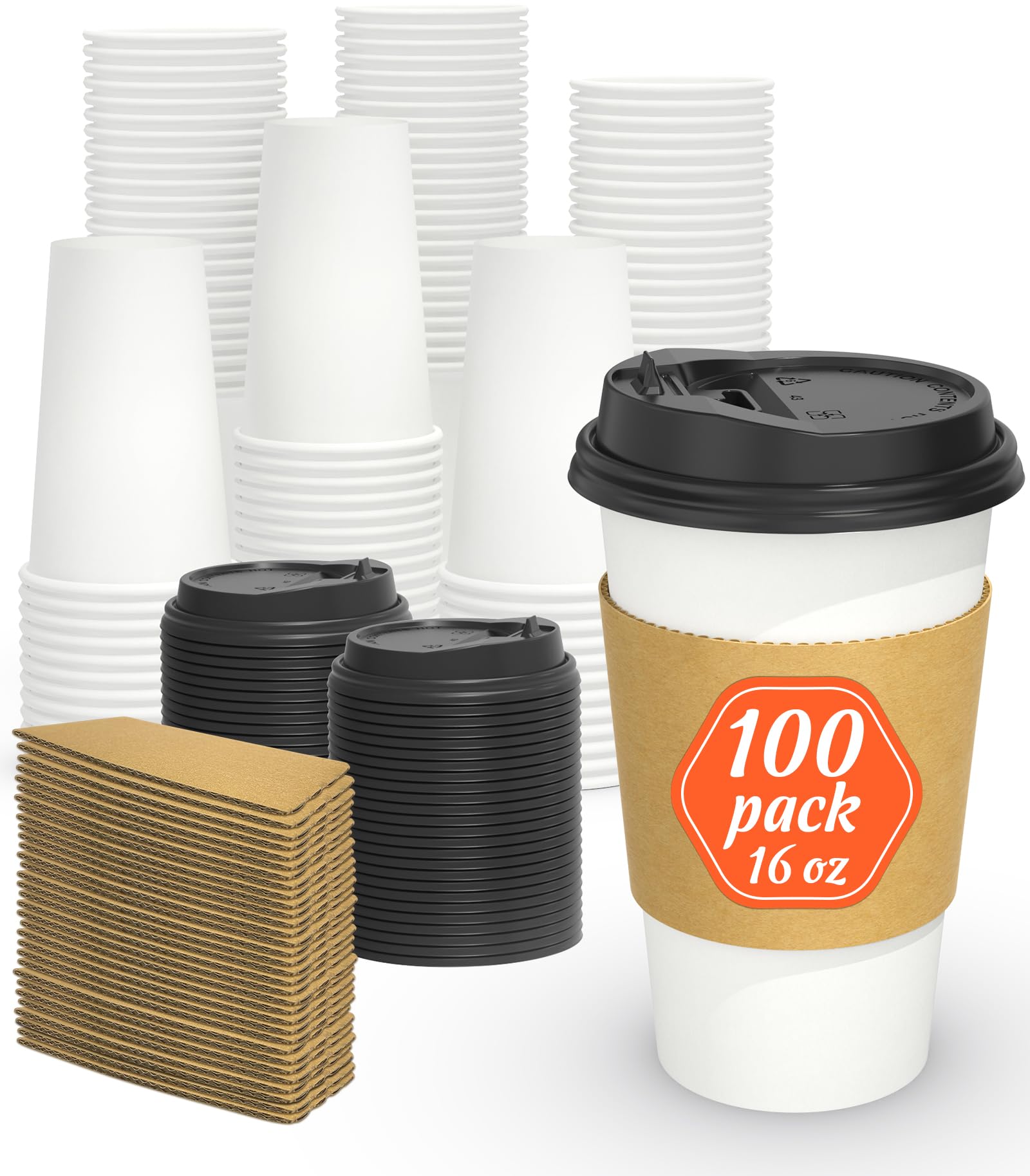 100 Pack 16 oz Disposable Coffee Cups with Lids & Sleeves - Thick Insulated Paper Cups for Hot & Cold Drinks - Leakproof To-Go Coffee Cups for Office, Cafes & Outdoor Events