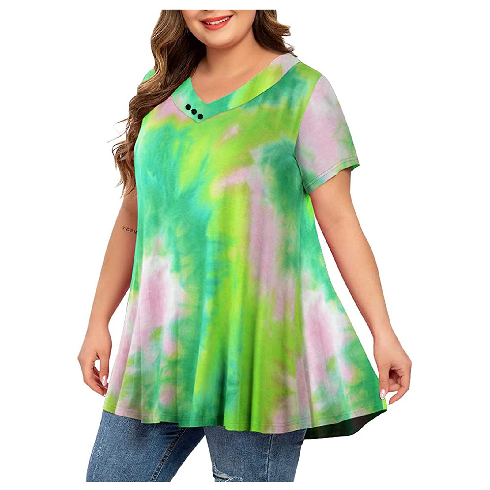 Plus Size Tie-Dye V-Neck Summer T-Shirt for Women - Flowy Short Sleeve Pleated Hem Blouse - Perfect for Beach Vacations, Casual Outings & Summer Parties