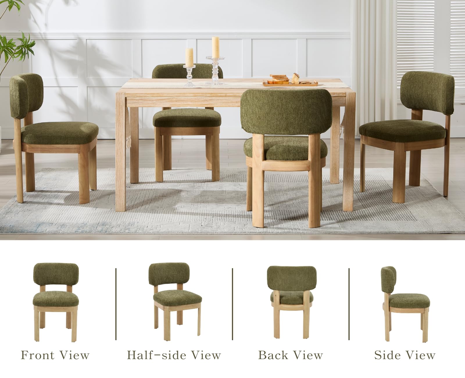 Mid Century Modern Dining Chairs Set of 2 - Green Upholstered Wooden Farmhouse Kitchen Chairs, Armless Accent Side Chairs for Dining Room & Living Room with Soft Chenille Fabric - Perfect for Home Decor & Entertaining