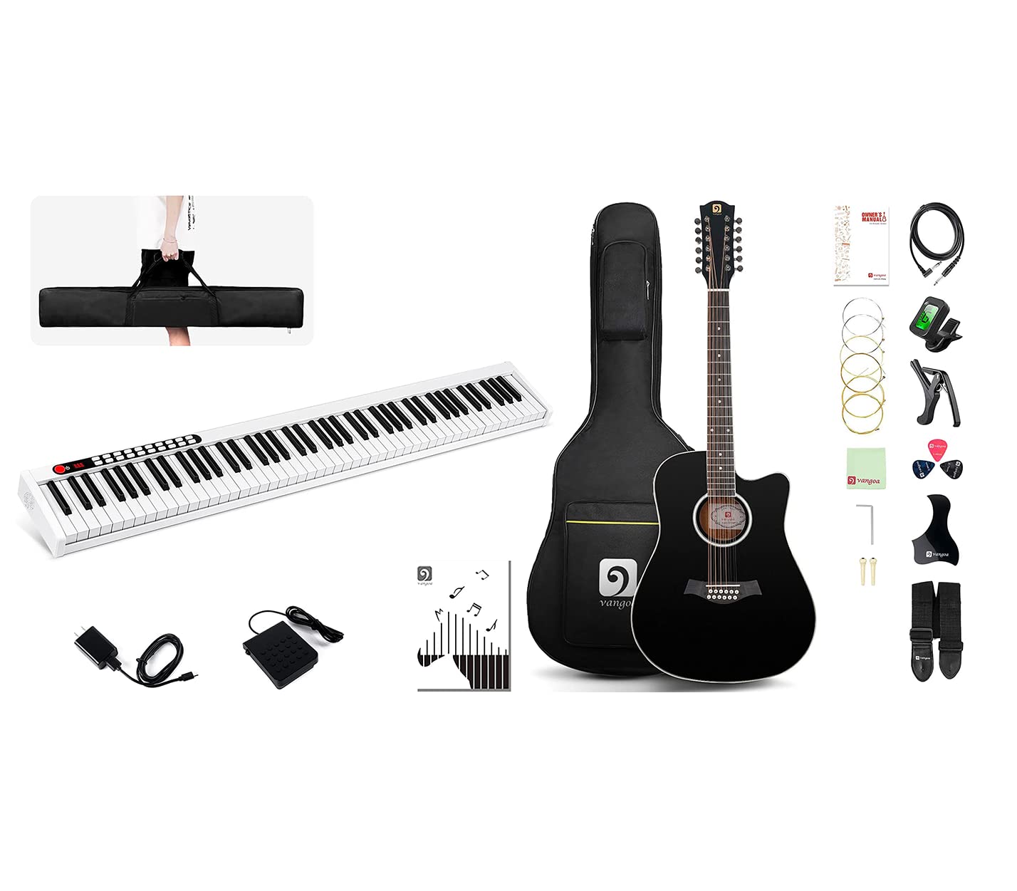Vangoa 88-Key Portable Digital Piano Keyboard with Touch Sensitive Keys & 12-String Acoustic Cutaway Guitar Bundle - Perfect for Beginner Adults, Home Practice, Music Lessons and Live Performances