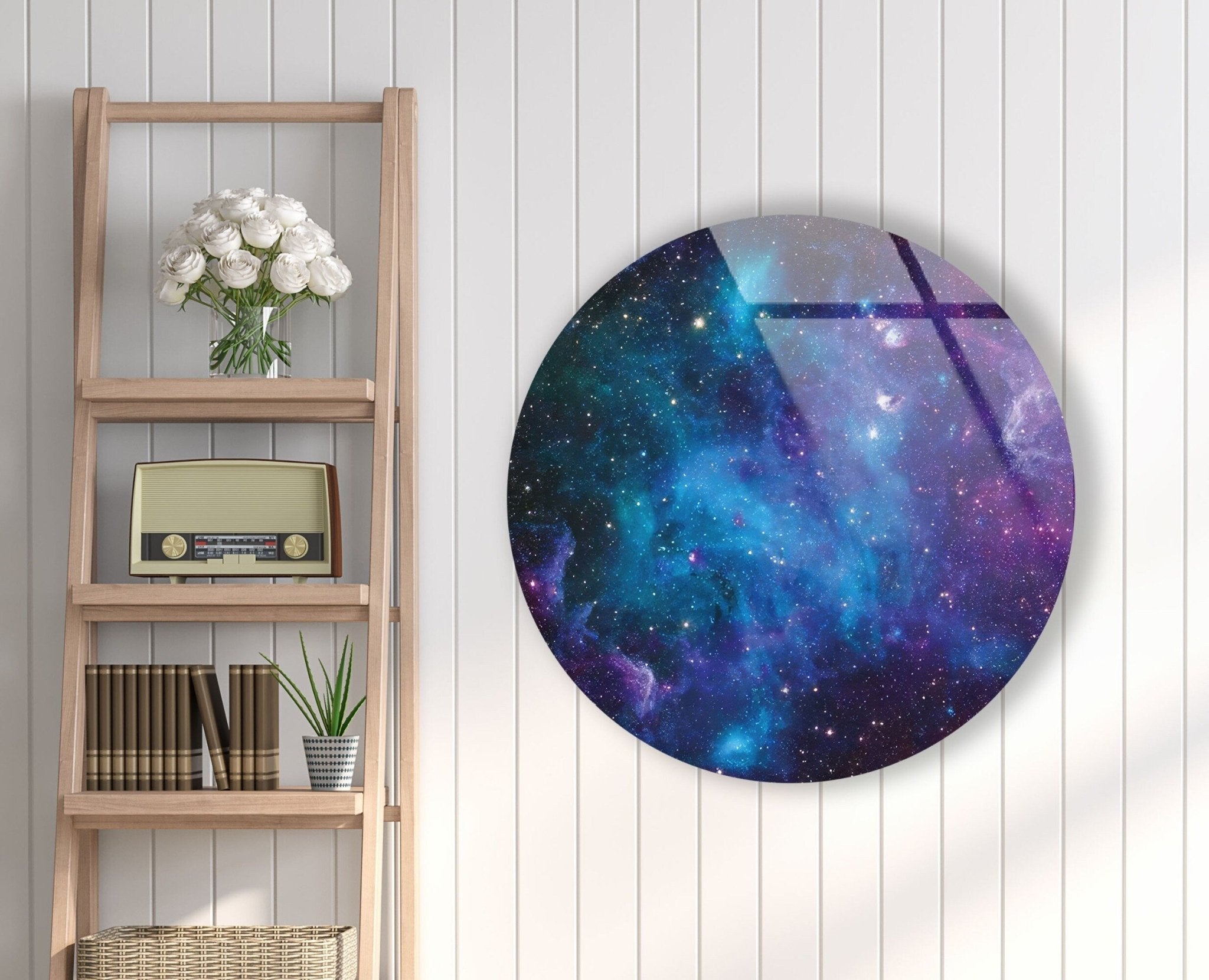 Abstract Round Space-Themed Glass Wall Art - Modern Home & Office Decor for Living Room, Bedroom, or Office Spaces