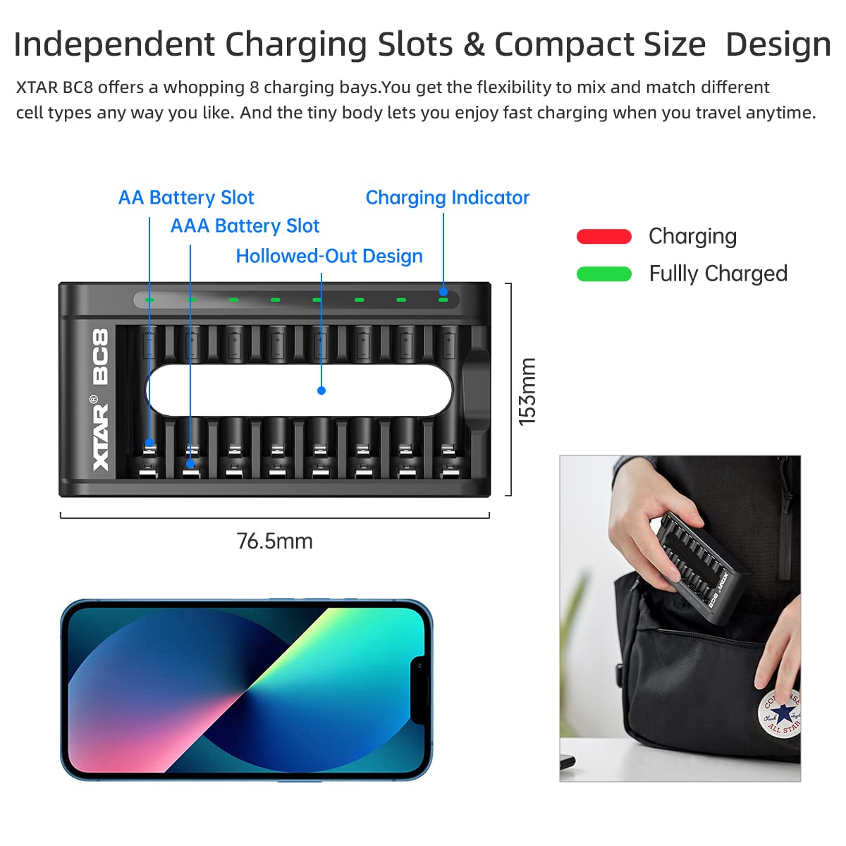 XTAR BC8 1.5V AA Lithium Battery Charger with 8 Rechargeable Batteries - Fast Charging for Flashlights, Cameras, Toys & Electronics (BC8 Charger + 8x AA Batteries) - Perfect for Home, Office & Outdoor Use
