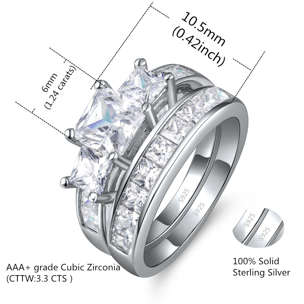 Princess Cut CZ Sterling Silver Three Stone Wedding Engagement Ring Set for Women - Elegant Bridal Jewelry Gift for Anniversary, Proposal & Special Occasions