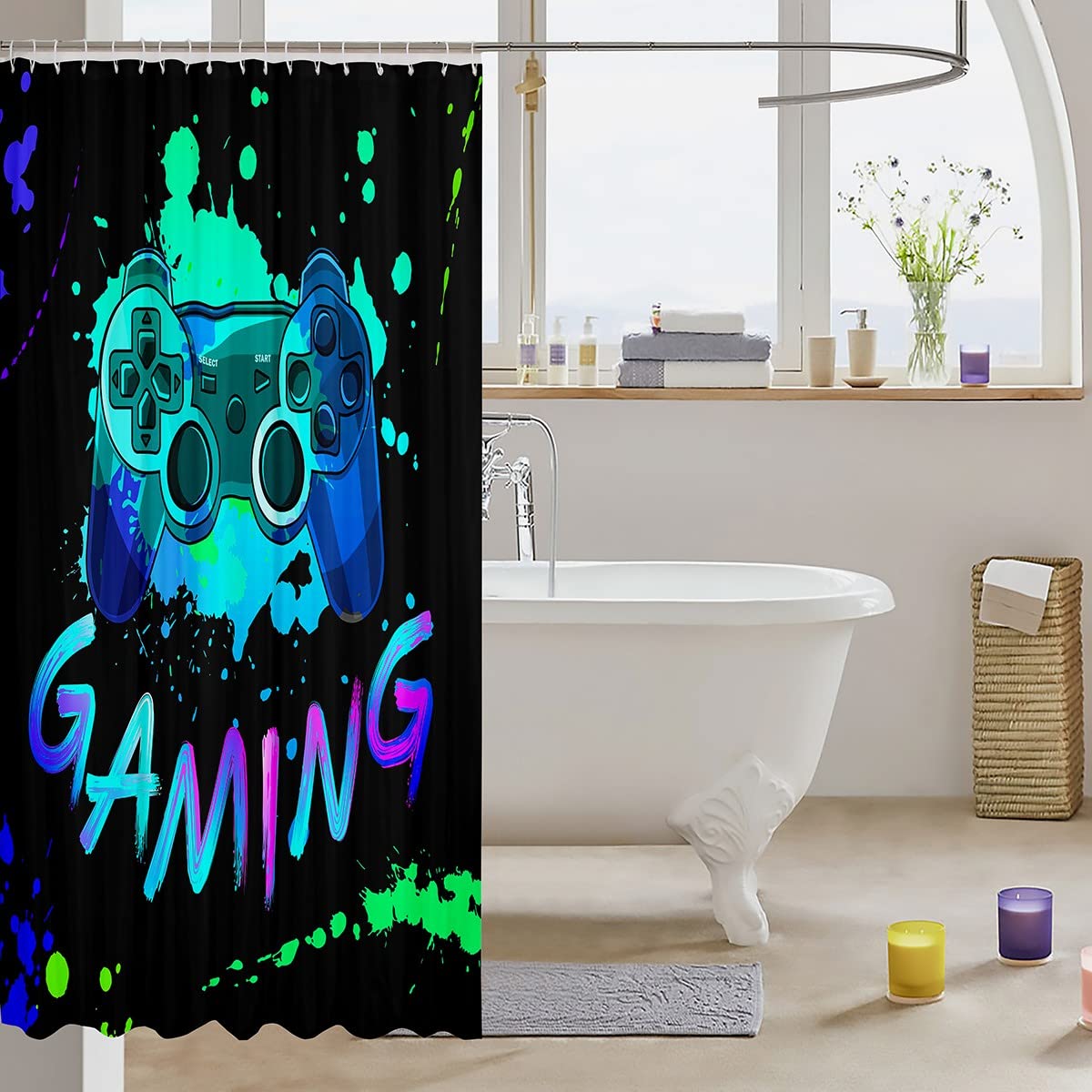 Hip Hop Graffiti Style Waterproof Video Game Shower Curtain - 72x72 Inches Modern Gamer Bathroom Decor with 12 Hooks - Perfect for Bathrooms, Showers & Bathtubs - Great Gift for Gamers & Music Lovers