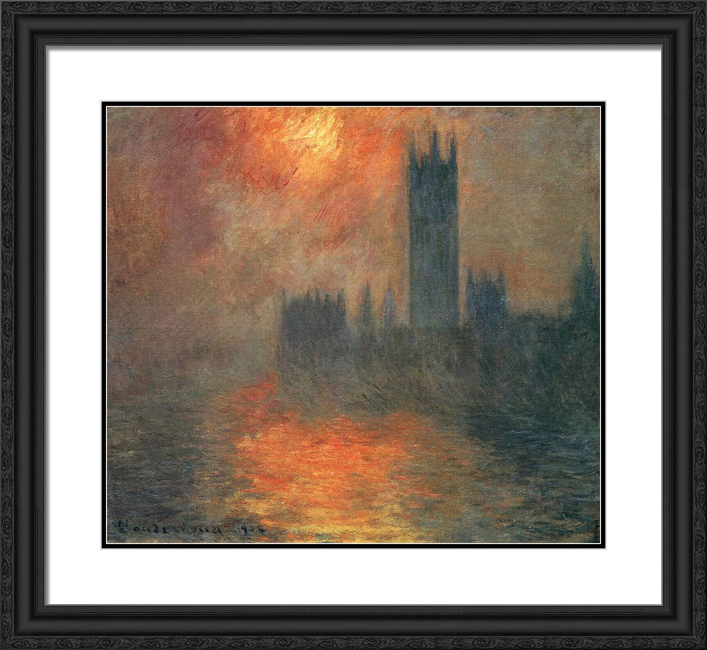 Claude Monet 'Houses of Parliament at Sunset' 22x20 Framed Art Print - Black Ornate Frame with Double Matting | Wall Decor for Living Room, Office & Gallery Display