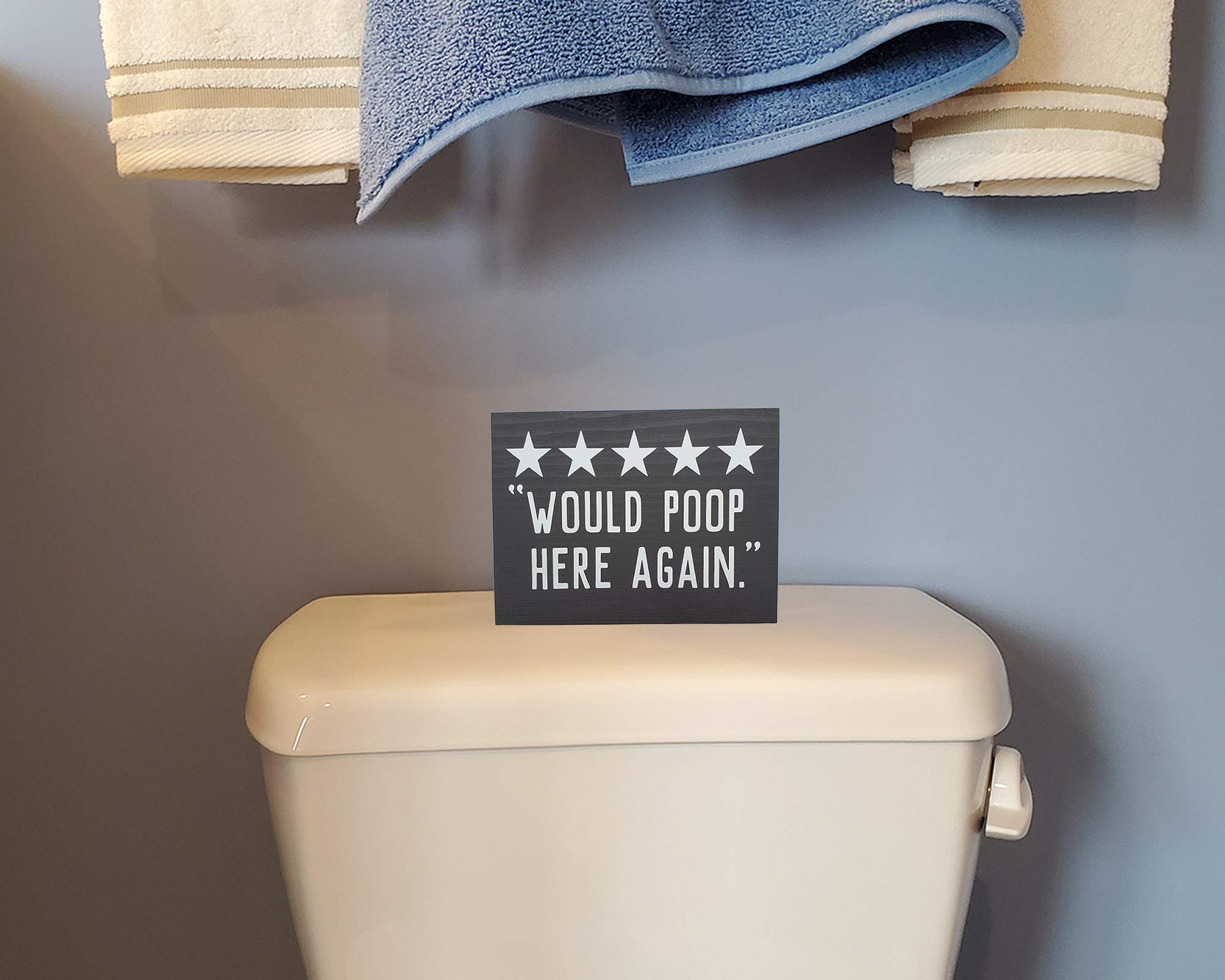 Funny Bathroom Sign - Rustic Farmhouse Wall Art Decor - 'Would Poop Here Again' Humorous Home Decor - 5.5