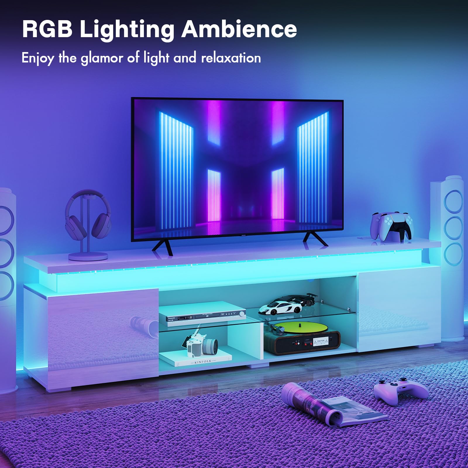 Modern White TV Stand with Light for 75-85 Inch TVs - Entertainment Center with Storage Cabinet & Open Glass Shelves - 2 AC Outlets - Perfect for Living Room & Bedroom - Stylish Media Console for Home Theater Setup & Family Entertainment