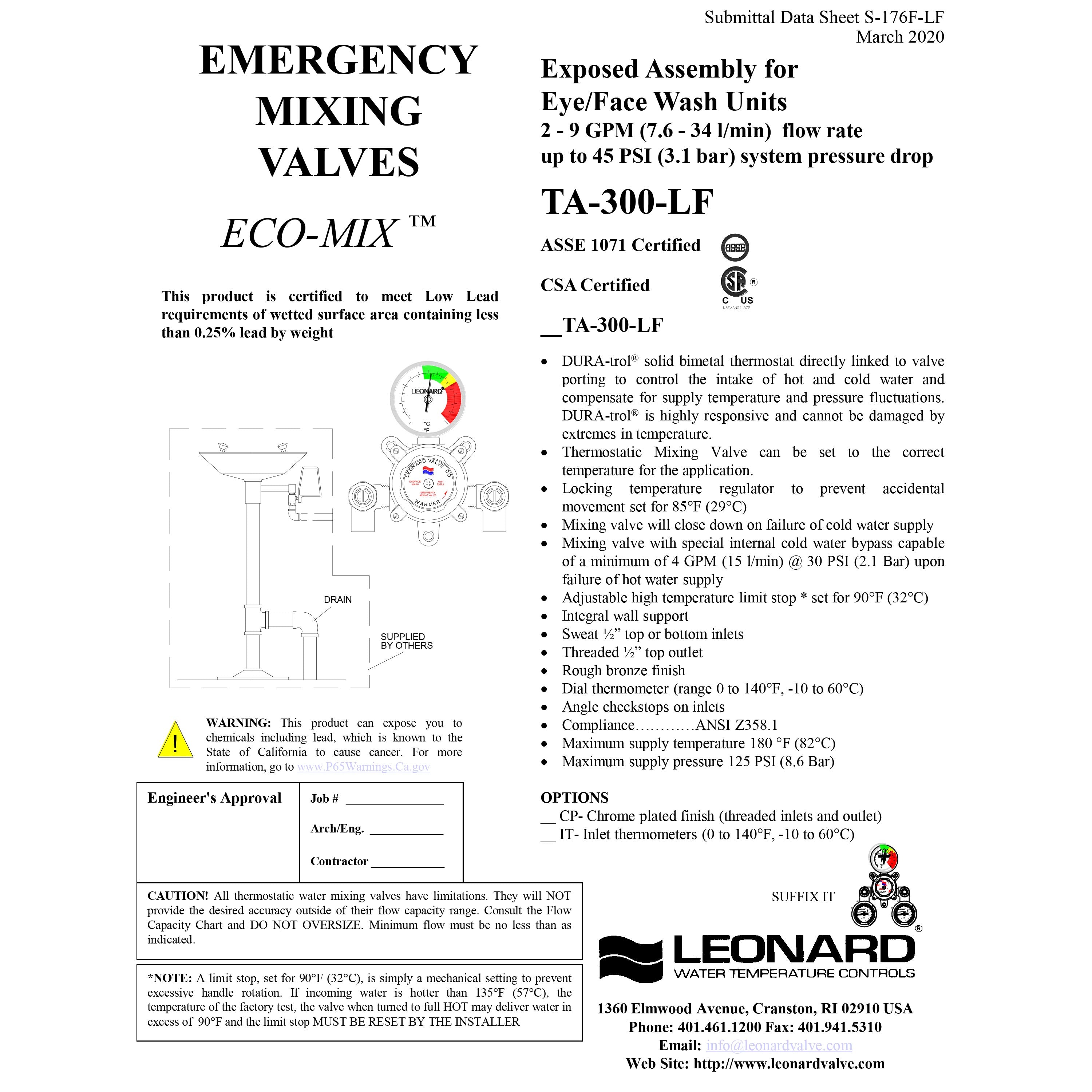 Leonard LF Single Eye/Face Wash Thermostatic Mixing Valve - 4 GPM Flow Rate, TA 300 LF Model - Perfect for Commercial Restrooms, Hospitals, and Public Wash Stations