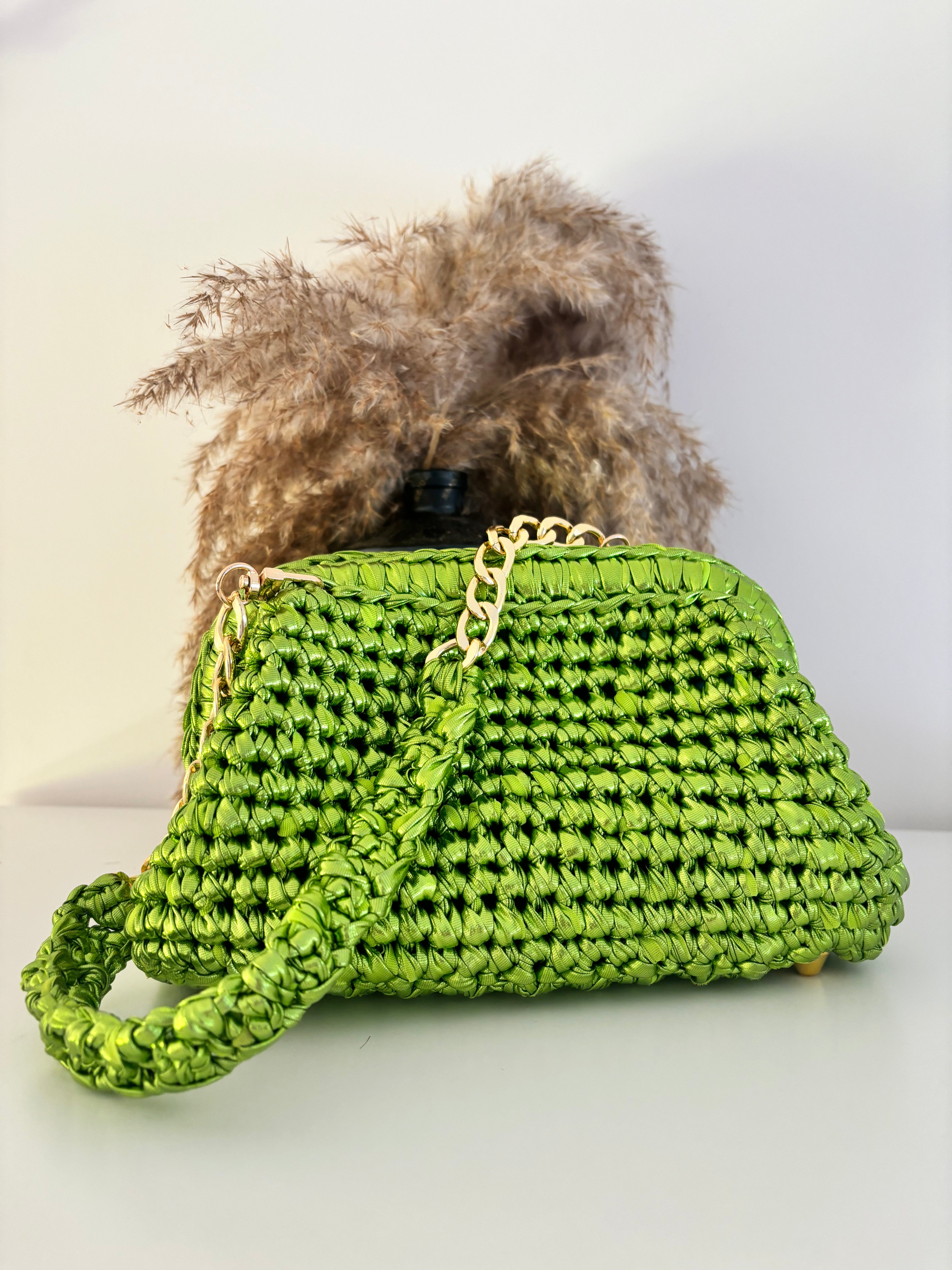 Premium Metallic Green Yarn Clutch Bag for Women - Elegant Evening Clutch for Parties, Weddings & Special Occasions