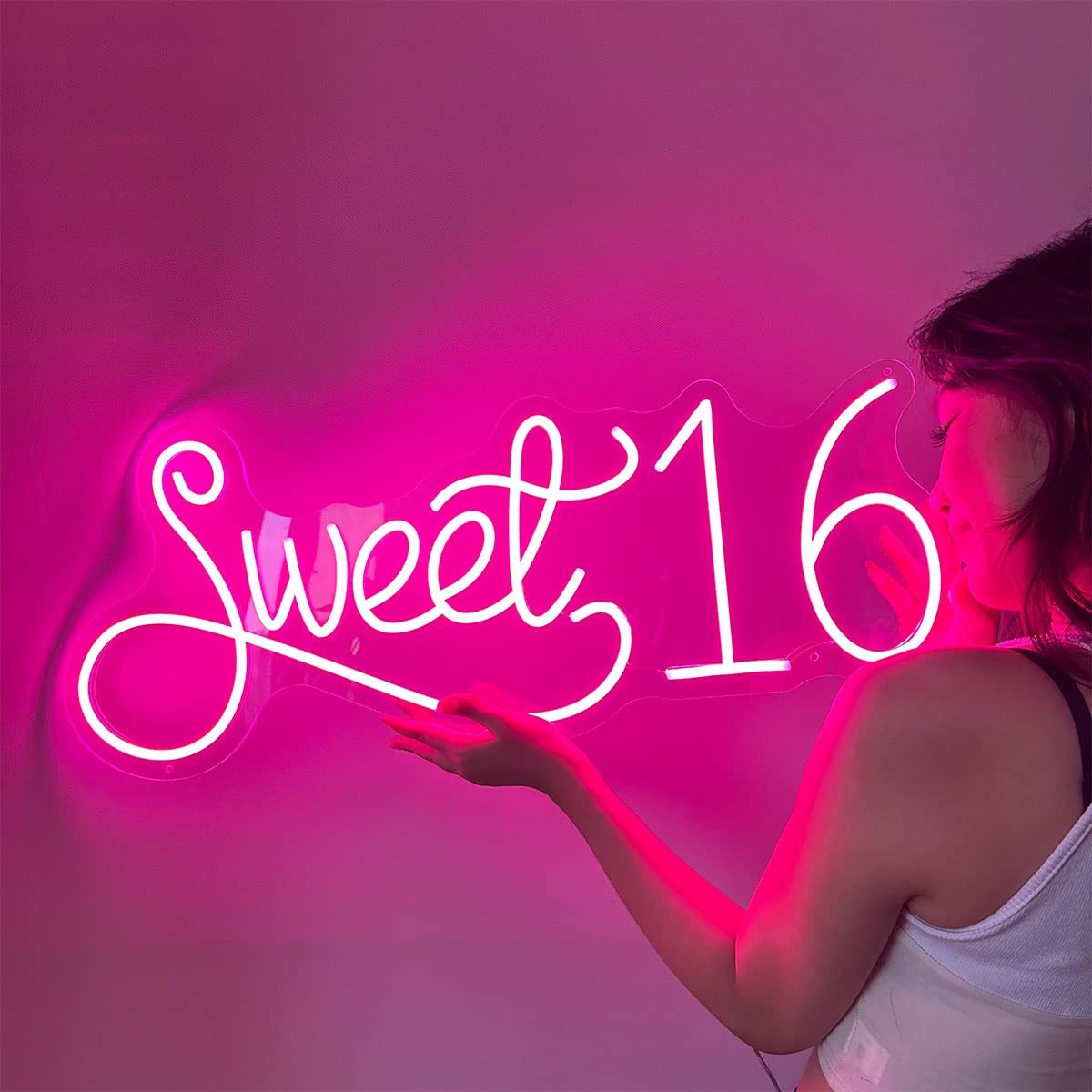 Sweet 16 Neon Sign - Pink LED Wall Decor for Bedroom, Birthday Party & Gifts | 20x8 Inch Happy Birthday Light Sign for Women, Girls | Perfect for Sweet Sixteen Celebrations, Room Decor & Special Occasions