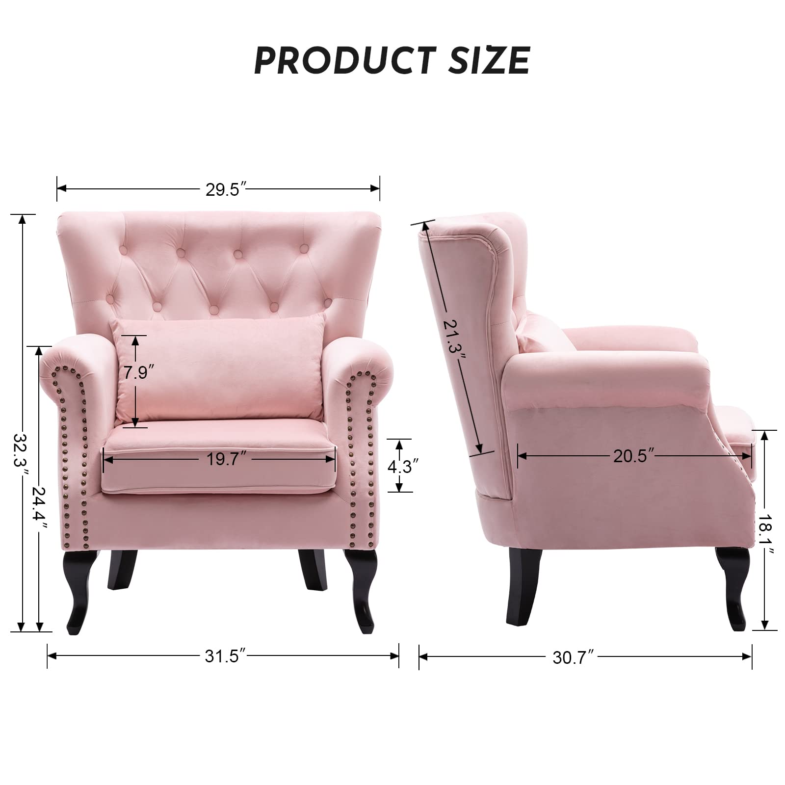 Mid-Century Modern Accent Reading Arm Chair - Velvet Pink Wingback Club Chair with Button Tufted Back & Lumbar Pillow - Comfy Corner Sofa for Living Room, Bedroom, Office Waiting Area - Perfect for Relaxing, Reading & Lounge Spaces