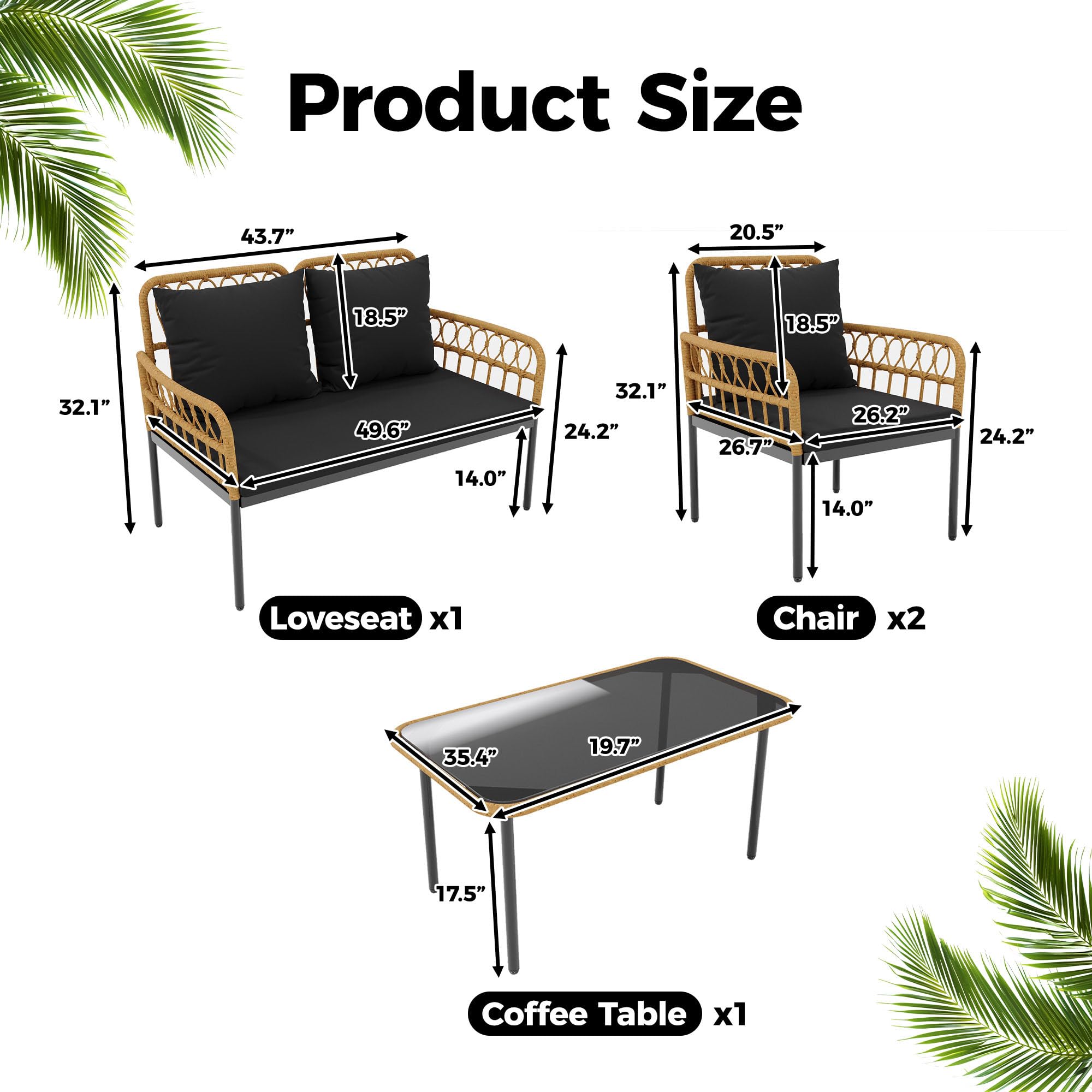 GARVEE 4-Piece Outdoor Wicker Patio Bistro Set - All-Weather Rattan Furniture with Glass Top Coffee Table, Loveseat & 2 Armchairs (Included Cushions) - Black Boho Balcony Set for Backyard, Garden, Poolside & Patio Decor